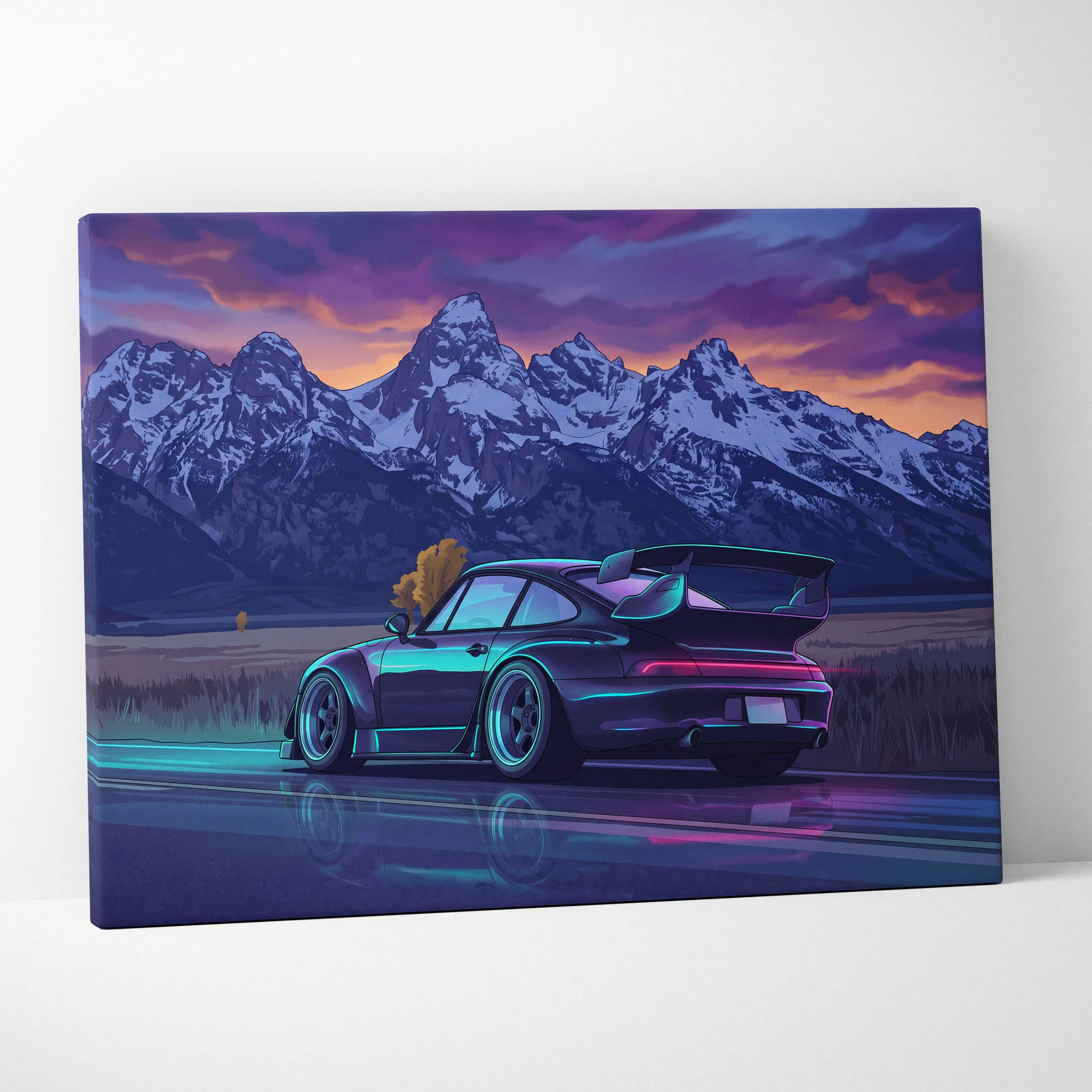 Porsche 911 Turbo Inspired Black Blue Mountain Canvas Wall Art Vaporwave Sports Car Artwork, Neon Snowy Road Garage Decor Print