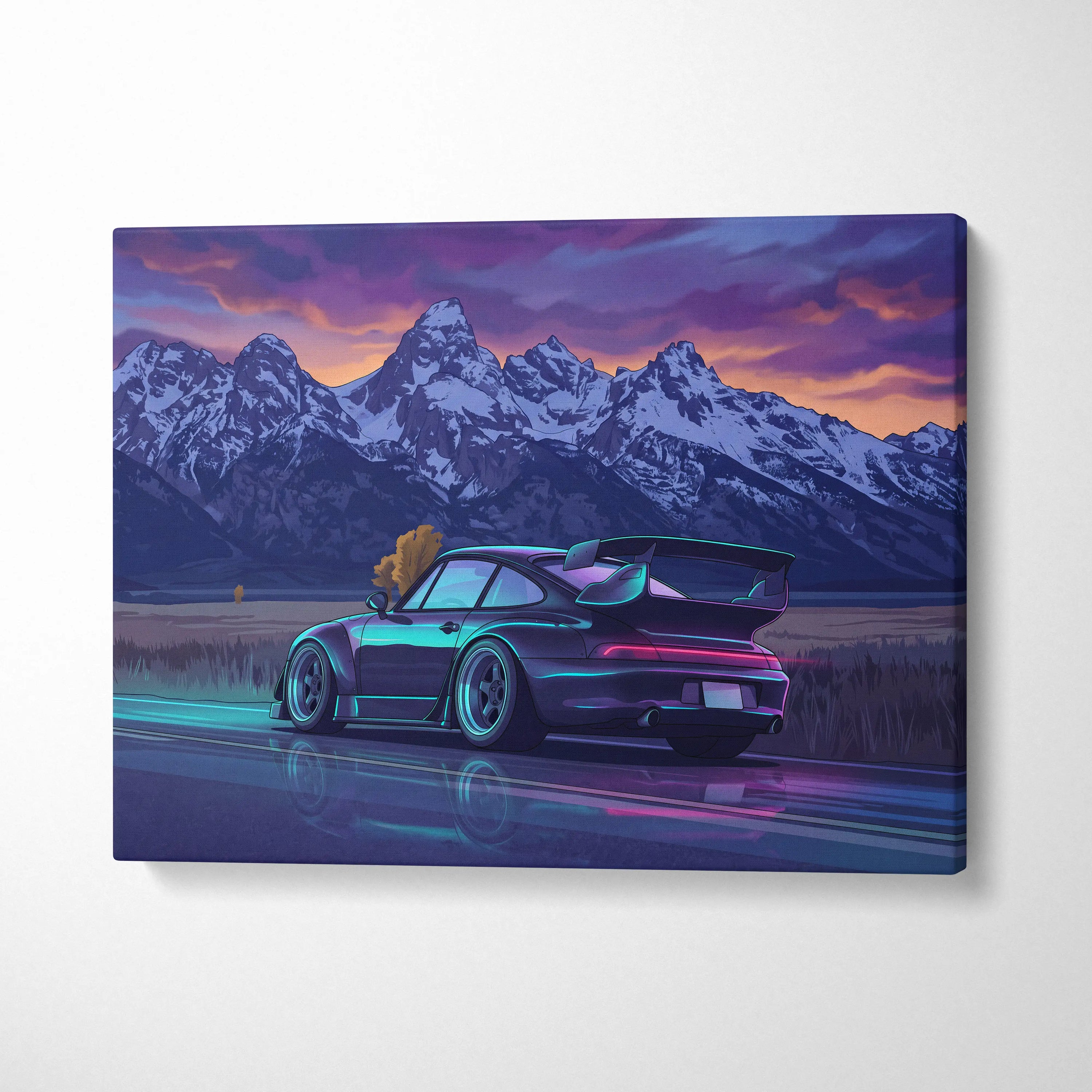 Porsche 911 Turbo Inspired Black Blue Mountain Canvas Wall Art Vaporwave Sports Car Artwork, Neon Snowy Road Garage Decor Print