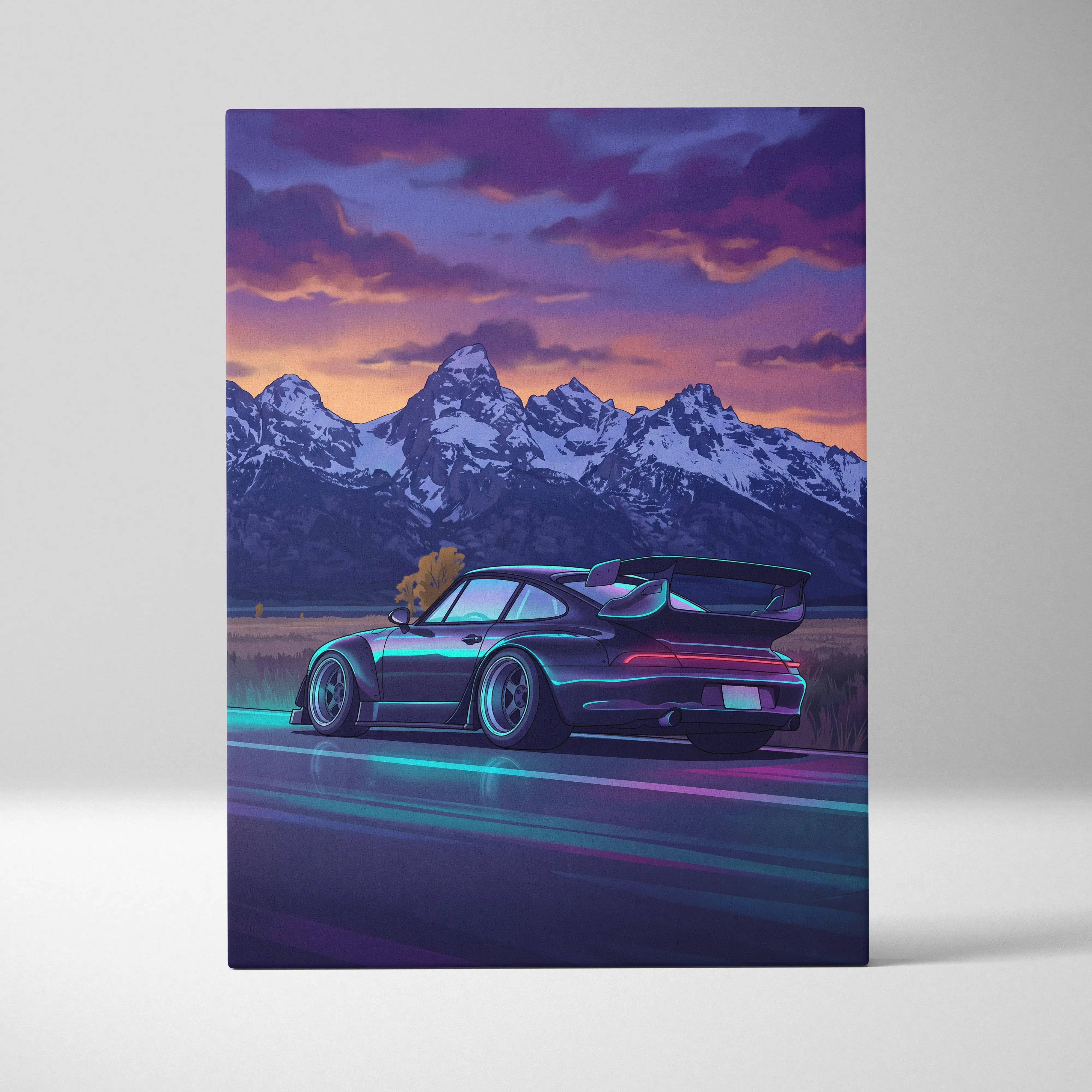 Porsche 911 Turbo Inspired Black Blue Mountain Canvas Wall Art Vaporwave Sports Car Artwork, Neon Snowy Road Garage Decor Print