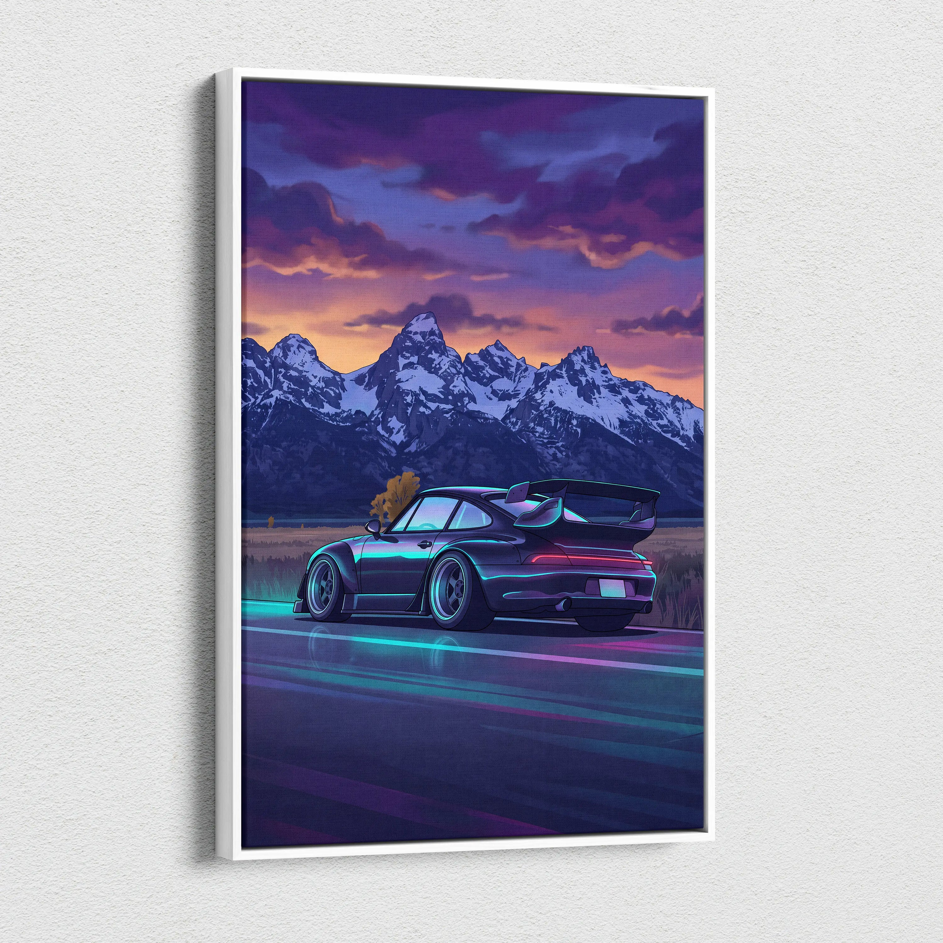 Porsche 911 Turbo Inspired Black Blue Mountain Canvas Wall Art Vaporwave Sports Car Artwork, Neon Snowy Road Garage Decor Print