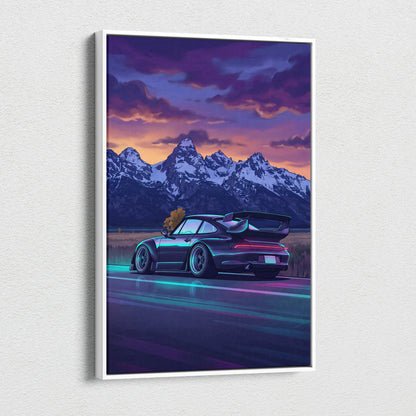 Porsche 911 Turbo Inspired Black Blue Mountain Canvas Wall Art Vaporwave Sports Car Artwork, Neon Snowy Road Garage Decor Print