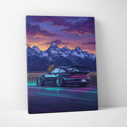 Porsche 911 Turbo Inspired Black Blue Mountain Canvas Wall Art Vaporwave Sports Car Artwork, Neon Snowy Road Garage Decor Print