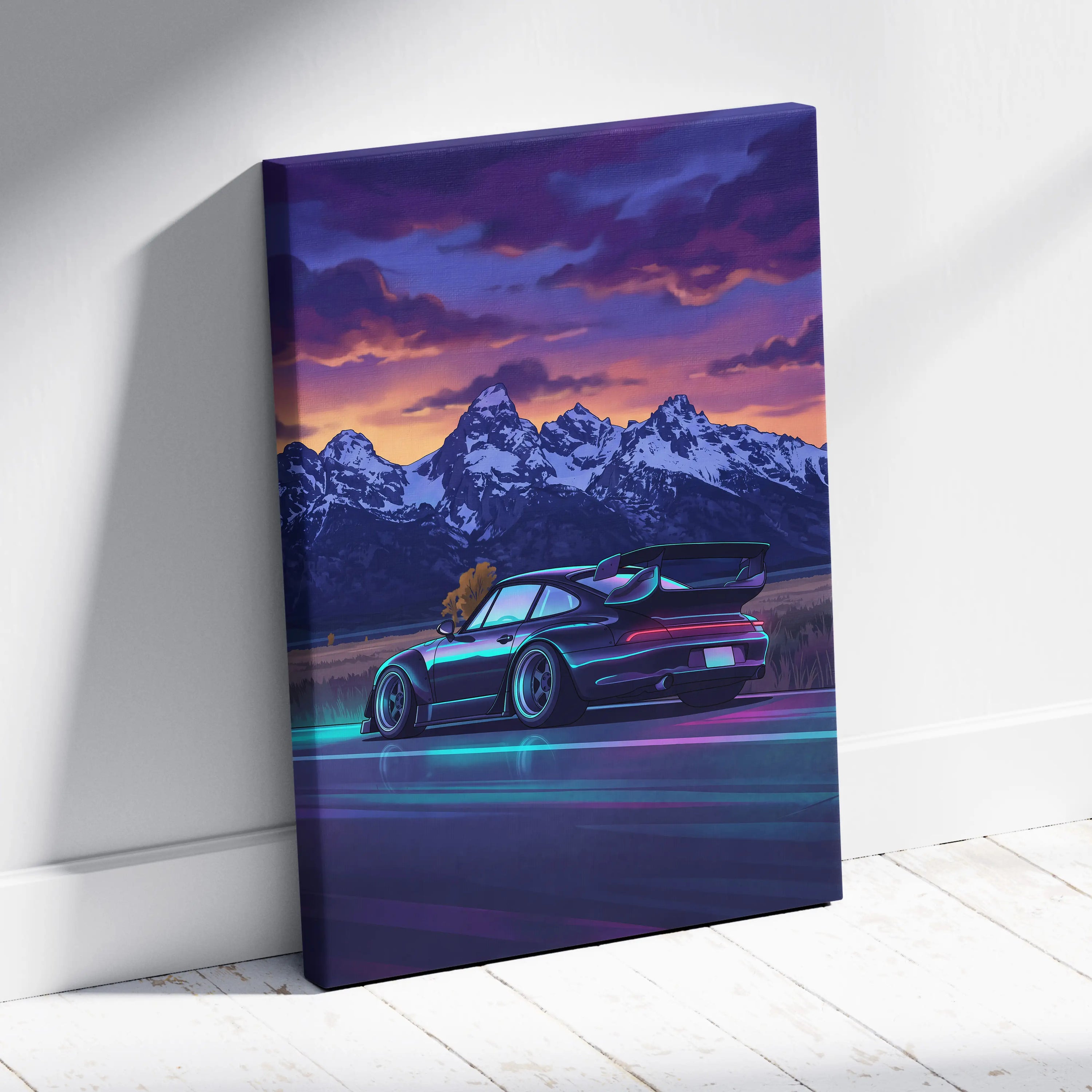 Porsche 911 Turbo Inspired Black Blue Mountain Canvas Wall Art Vaporwave Sports Car Artwork, Neon Snowy Road Garage Decor Print