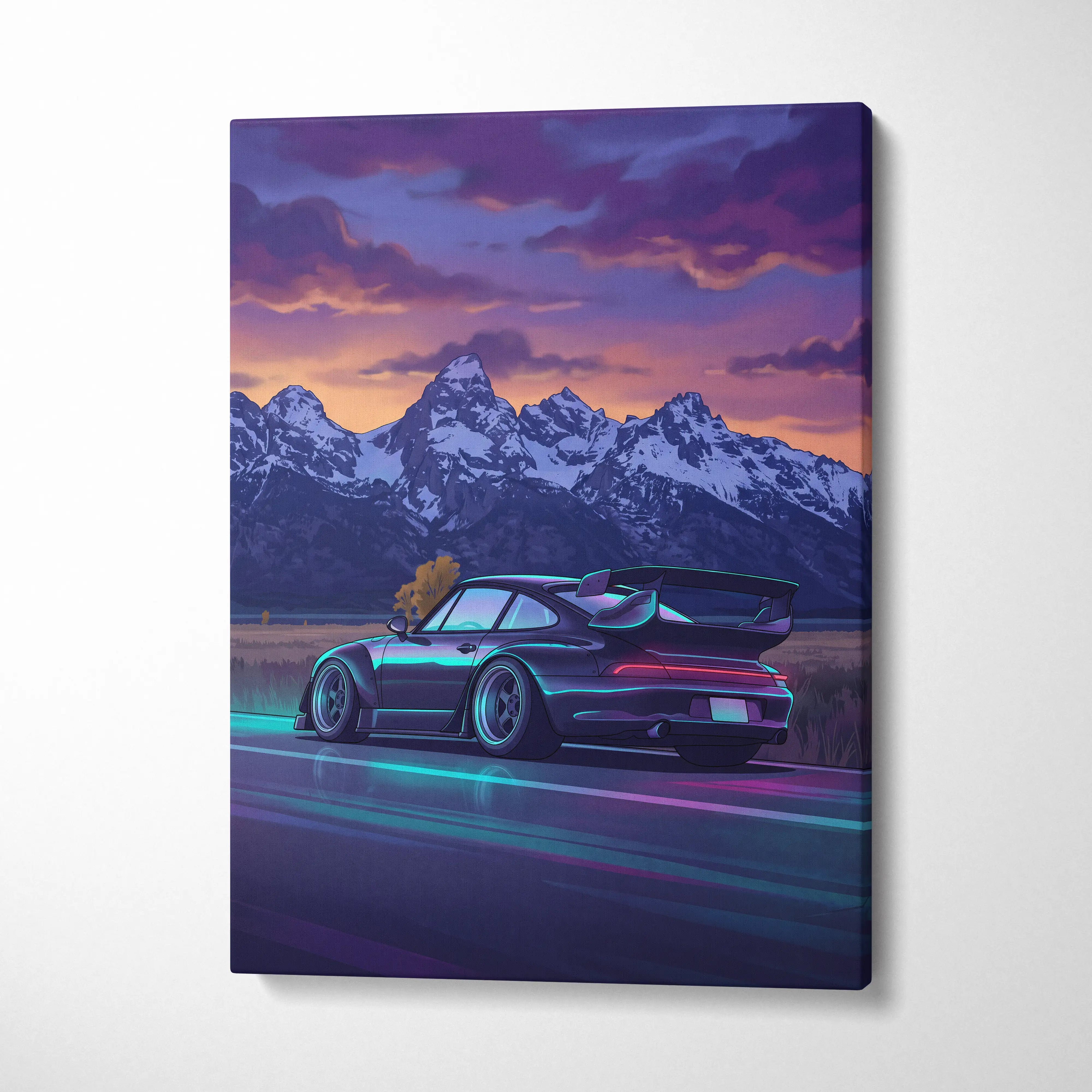 Porsche 911 Turbo Inspired Black Blue Mountain Canvas Wall Art Vaporwave Sports Car Artwork, Neon Snowy Road Garage Decor Print