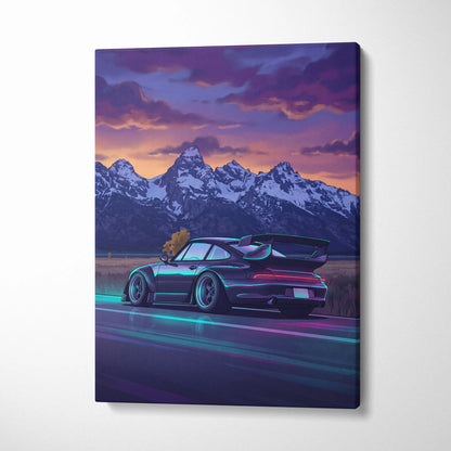 Porsche 911 Turbo Inspired Black Blue Mountain Canvas Wall Art Vaporwave Sports Car Artwork, Neon Snowy Road Garage Decor Print