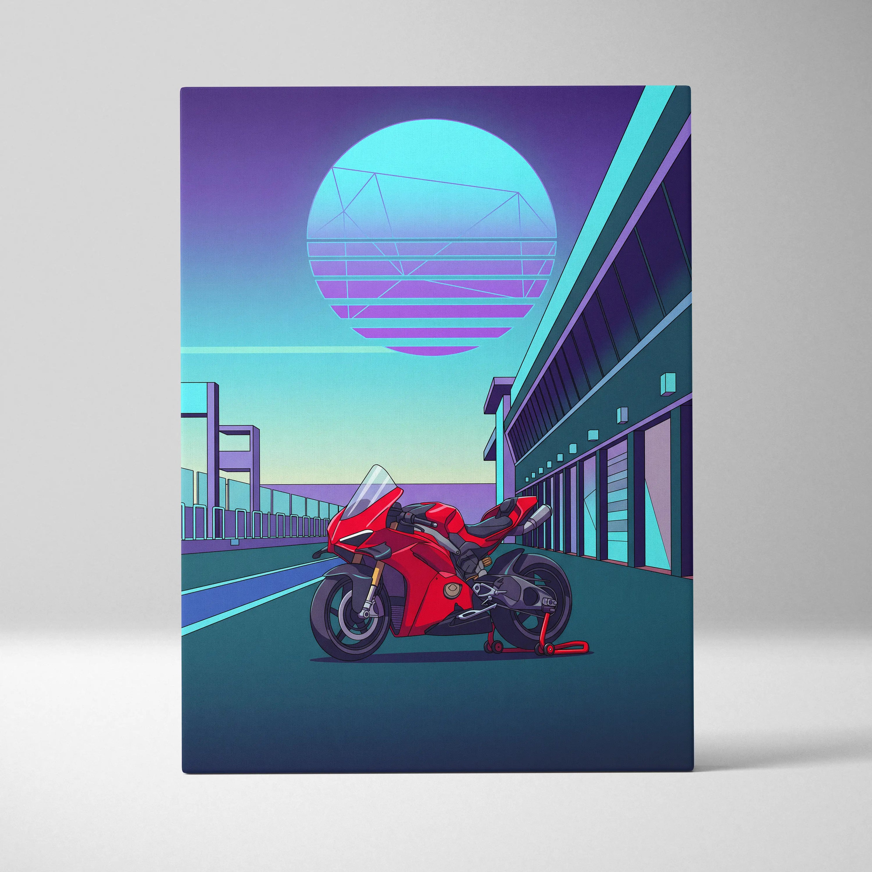 Ducati Panigale V4 Inspired Red Teal Motorcycle Canvas Wall Art Vaporwave Neon Sunset Sportbike Artwork for Garage Decor Retro Futuristic Print