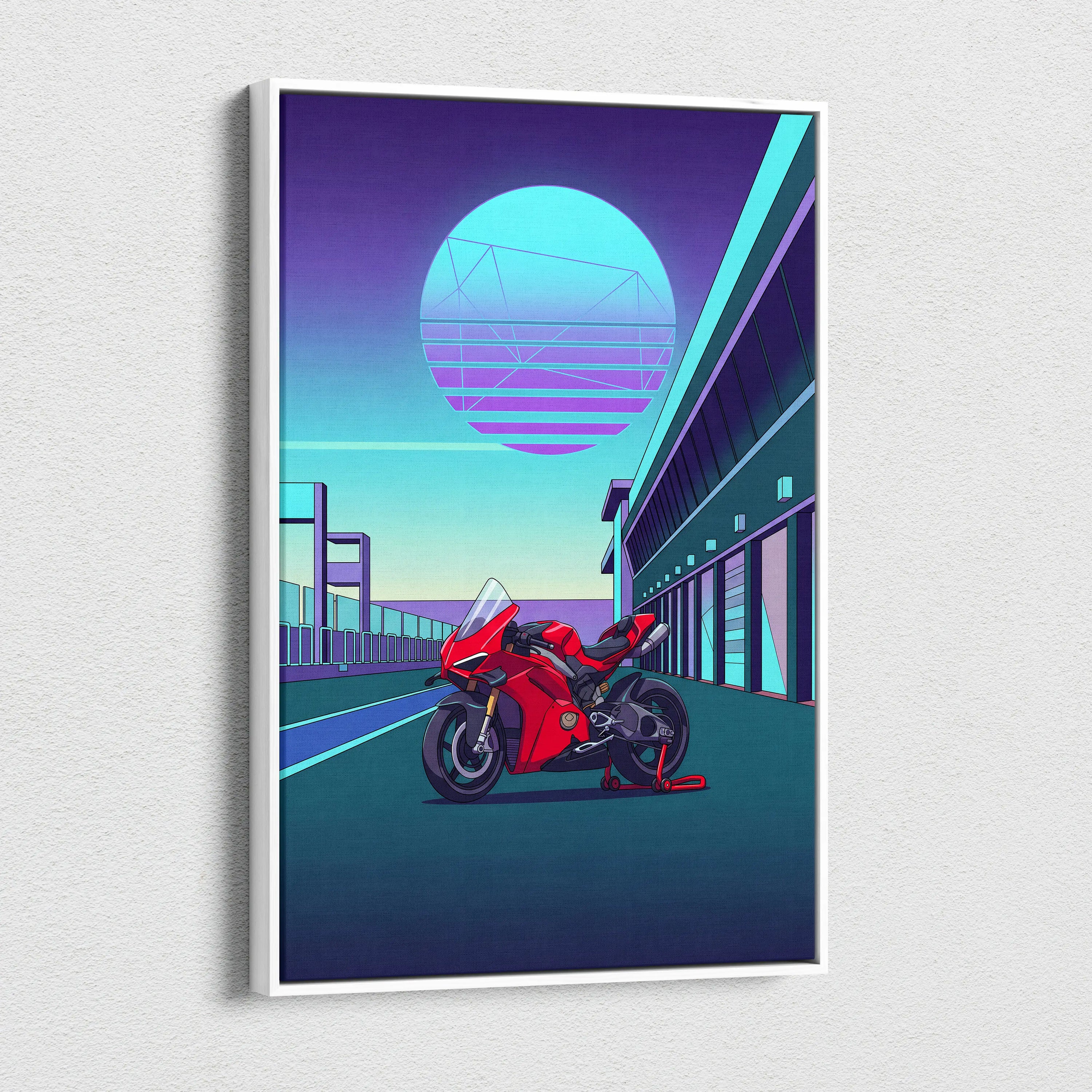 Ducati Panigale V4 Inspired Red Teal Motorcycle Canvas Wall Art Vaporwave Neon Sunset Sportbike Artwork for Garage Decor Retro Futuristic Print