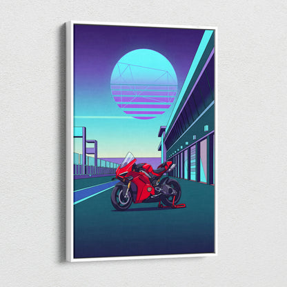 Ducati Panigale V4 Inspired Red Teal Motorcycle Canvas Wall Art Vaporwave Neon Sunset Sportbike Artwork for Garage Decor Retro Futuristic Print