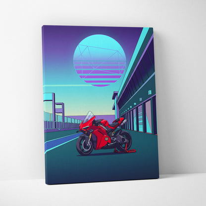 Ducati Panigale V4 Inspired Red Teal Motorcycle Canvas Wall Art Vaporwave Neon Sunset Sportbike Artwork for Garage Decor Retro Futuristic Print