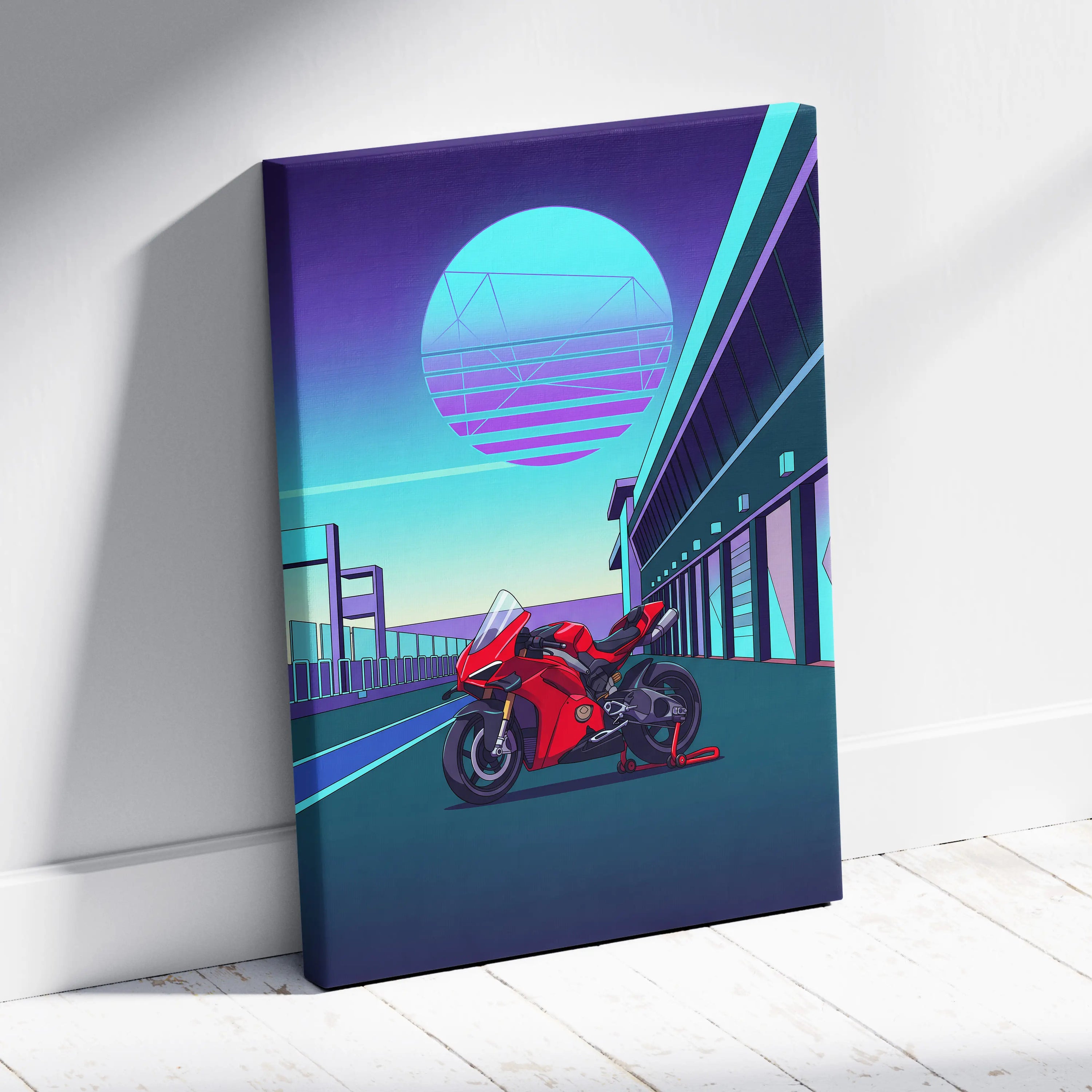 Ducati Panigale V4 Inspired Red Teal Motorcycle Canvas Wall Art Vaporwave Neon Sunset Sportbike Artwork for Garage Decor Retro Futuristic Print
