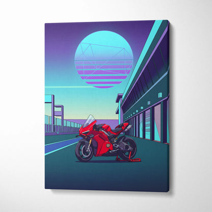 Ducati Panigale V4 Inspired Red Teal Motorcycle Canvas Wall Art Vaporwave Neon Sunset Sportbike Artwork for Garage Decor Retro Futuristic Print