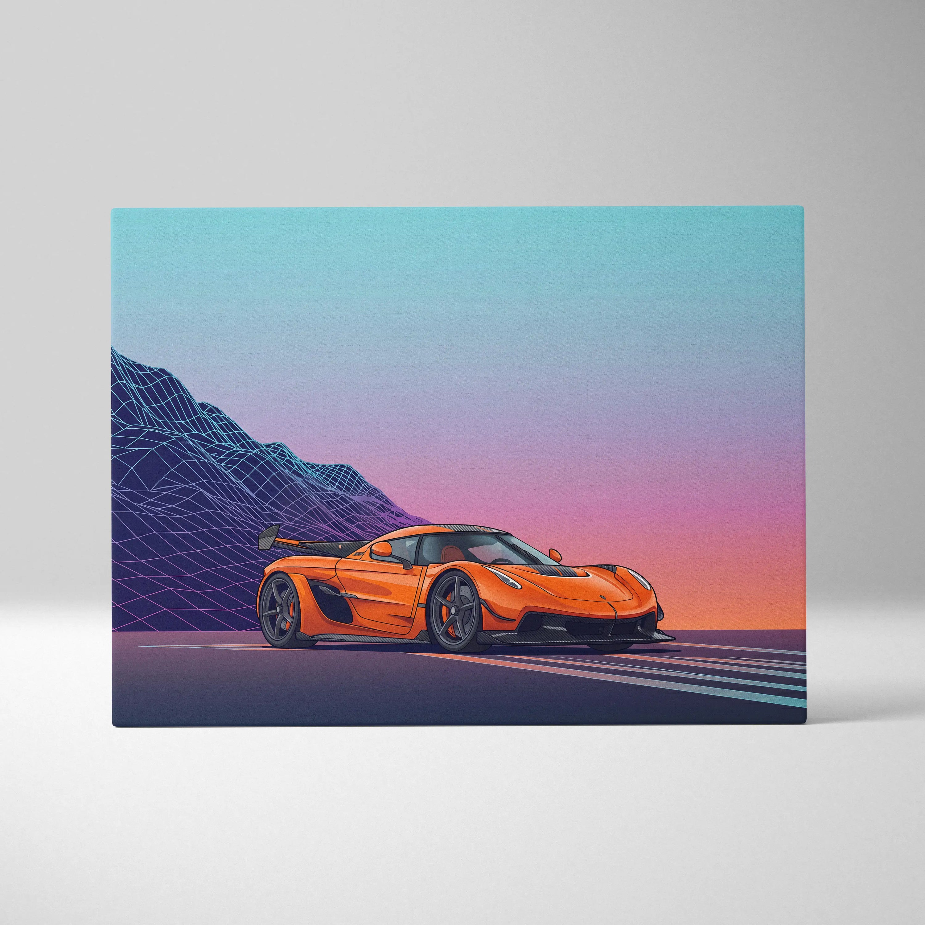 Koenigsegg Jesko Inspired Orange Teal Canvas Wall Art, Vaporwave Hypercar Artwork, Neon Mountain Garage Decor, Retro Futuristic Exotic Car Print