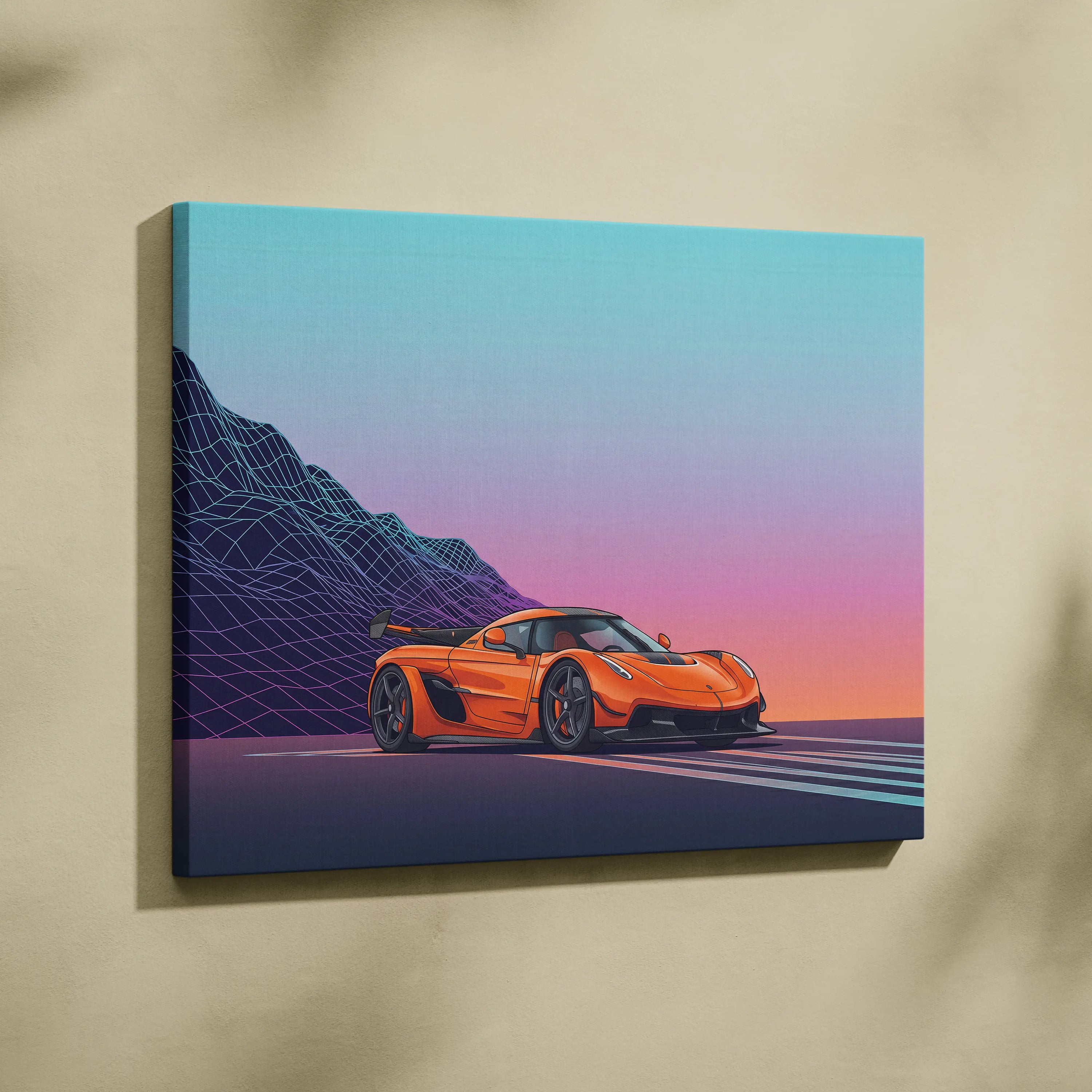 Koenigsegg Jesko Inspired Orange Teal Canvas Wall Art, Vaporwave Hypercar Artwork, Neon Mountain Garage Decor, Retro Futuristic Exotic Car Print
