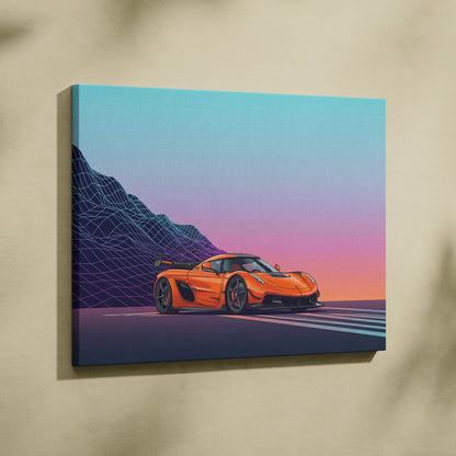 Koenigsegg Jesko Inspired Orange Teal Canvas Wall Art, Vaporwave Hypercar Artwork, Neon Mountain Garage Decor, Retro Futuristic Exotic Car Print