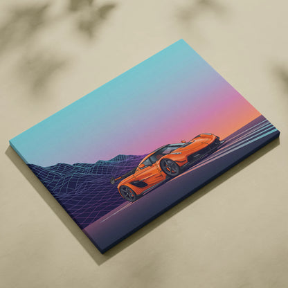 Koenigsegg Jesko Inspired Orange Teal Canvas Wall Art, Vaporwave Hypercar Artwork, Neon Mountain Garage Decor, Retro Futuristic Exotic Car Print