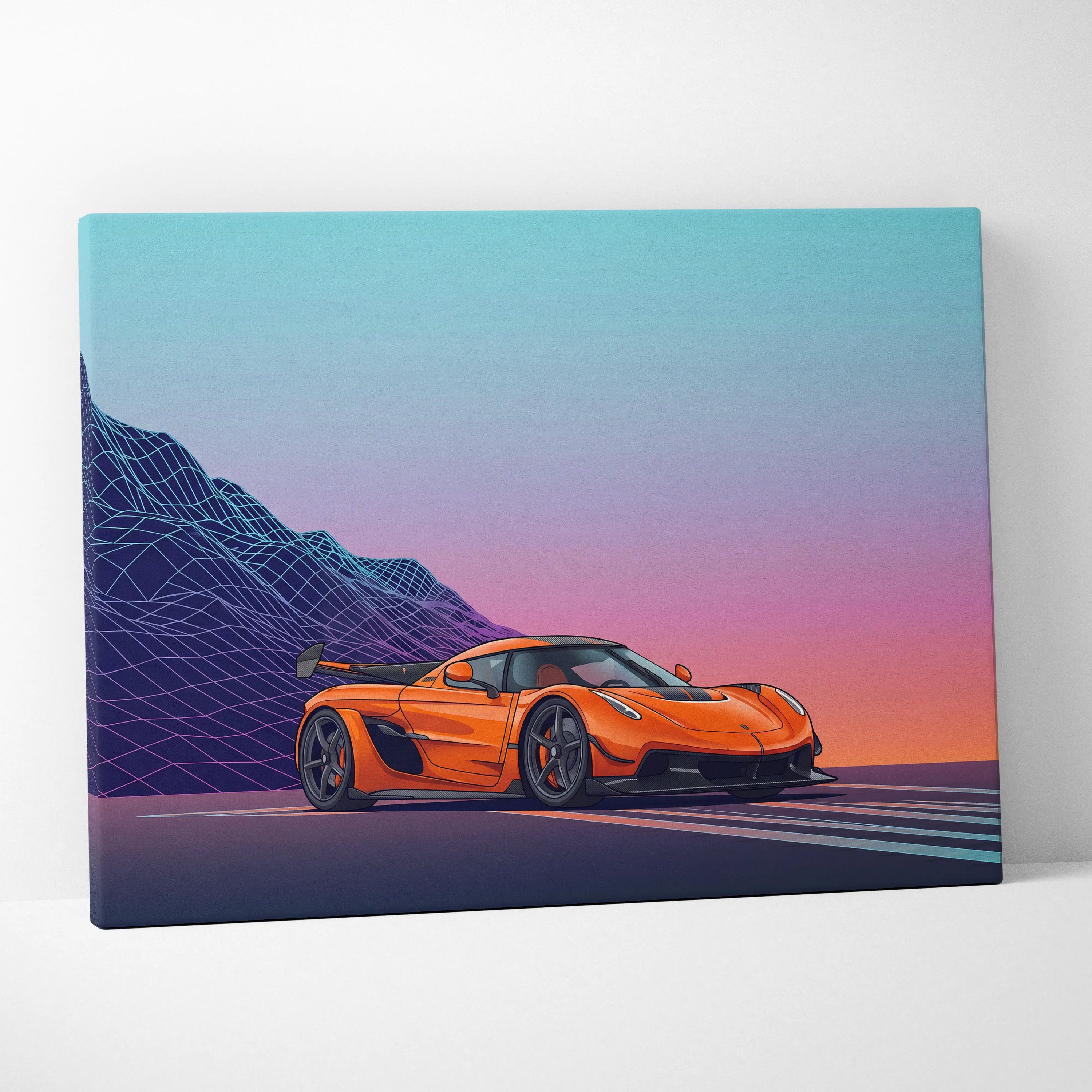 Koenigsegg Jesko Inspired Orange Teal Canvas Wall Art, Vaporwave Hypercar Artwork, Neon Mountain Garage Decor, Retro Futuristic Exotic Car Print