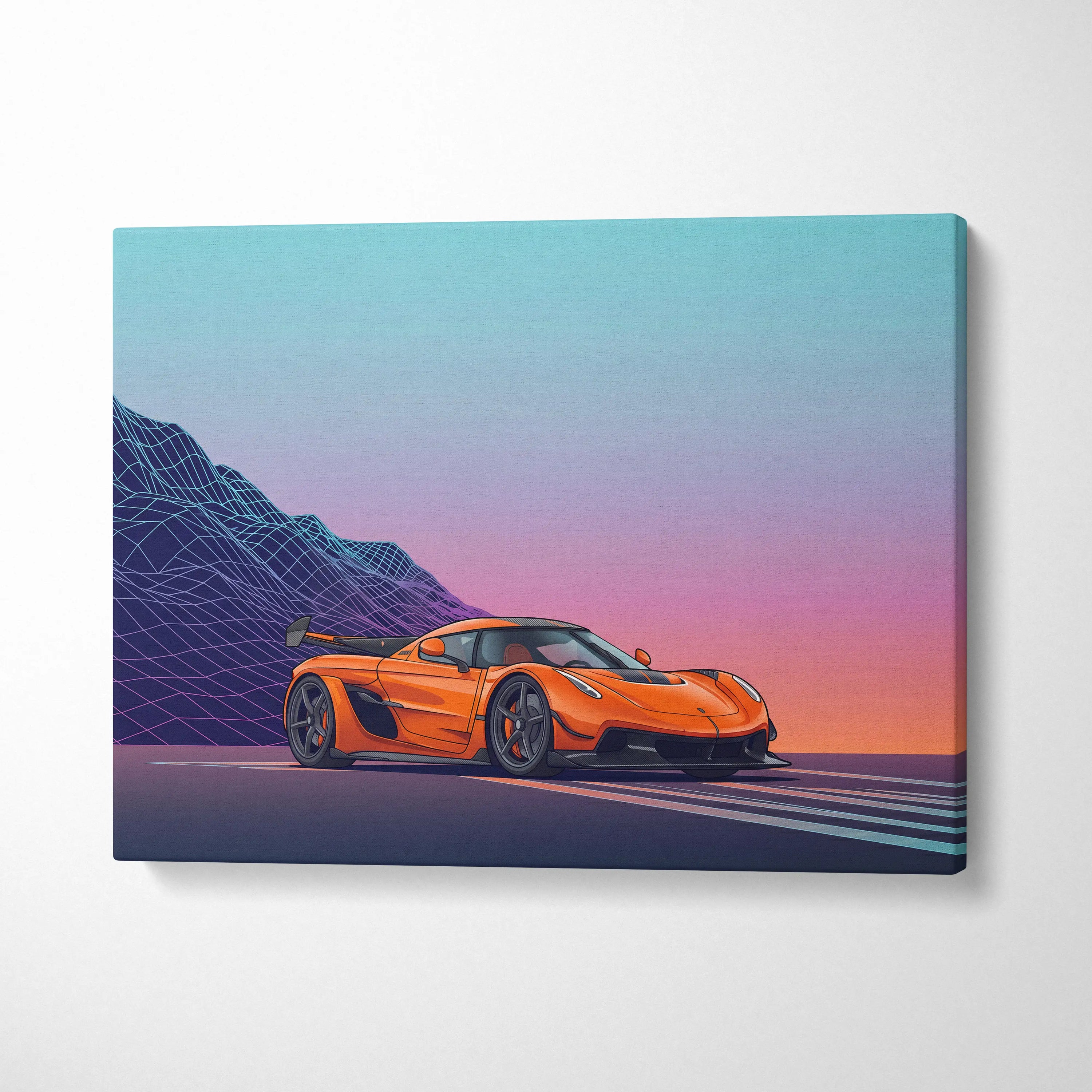 Koenigsegg Jesko Inspired Orange Teal Canvas Wall Art, Vaporwave Hypercar Artwork, Neon Mountain Garage Decor, Retro Futuristic Exotic Car Print
