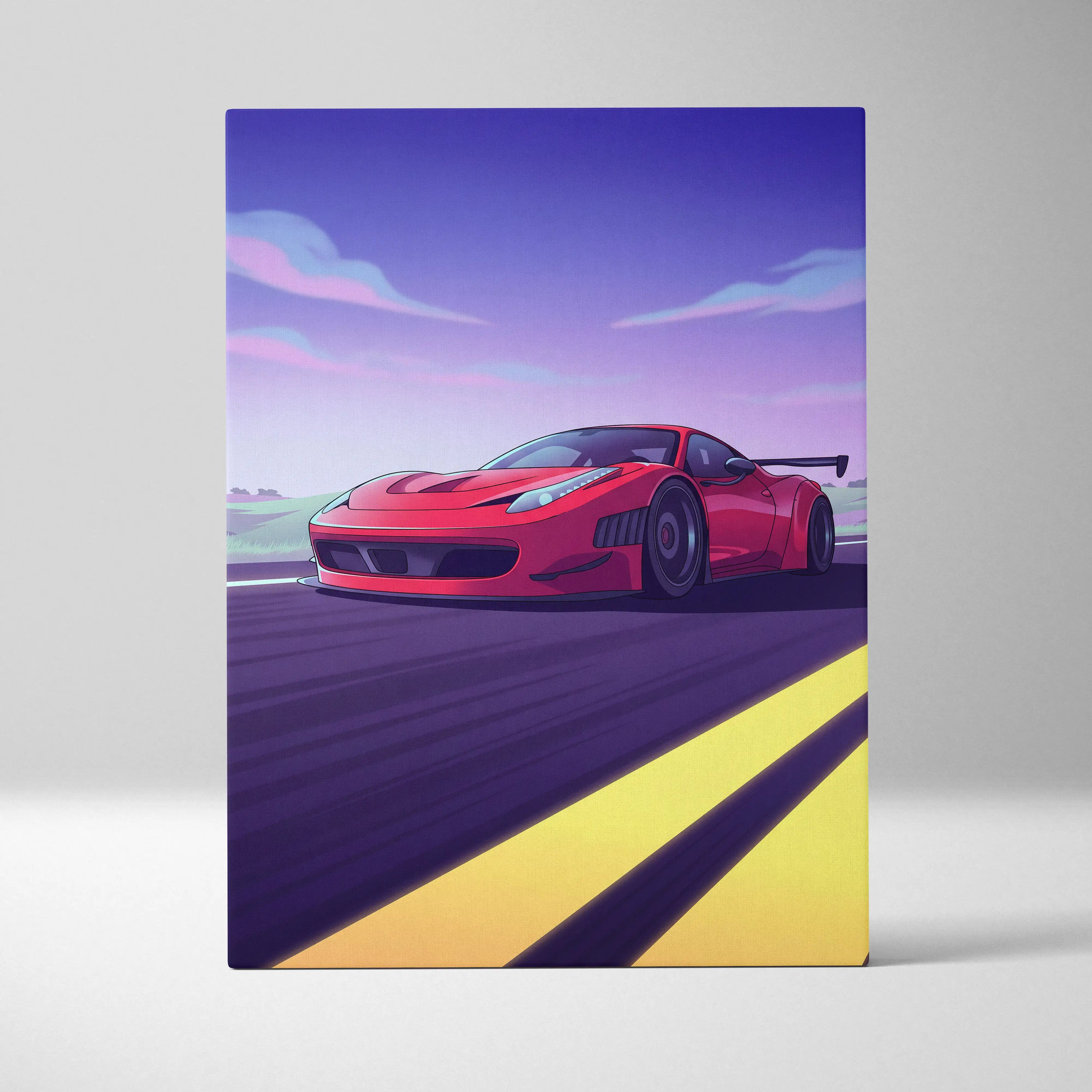 Vibrant red Ferrari 458 Italia inspired sports car illustration on canvas with neon pink blue purple vaporwave design