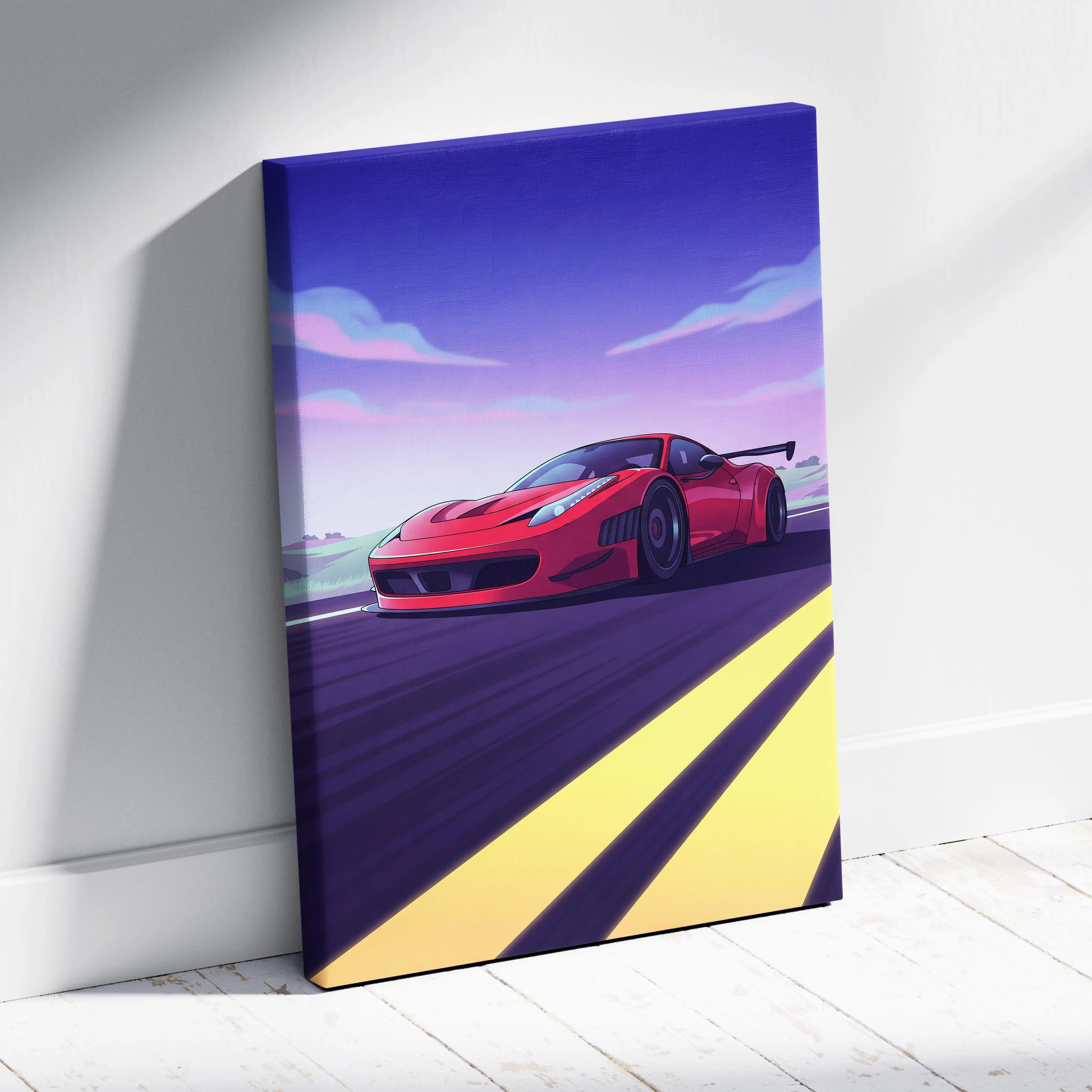 Ferrari 458 Italia Inspired Vaporwave Car Canvas - Car Neon Pink Blue Purple Living Room Vaporwave Nostalgic Mood Retro Futurism Wall Art