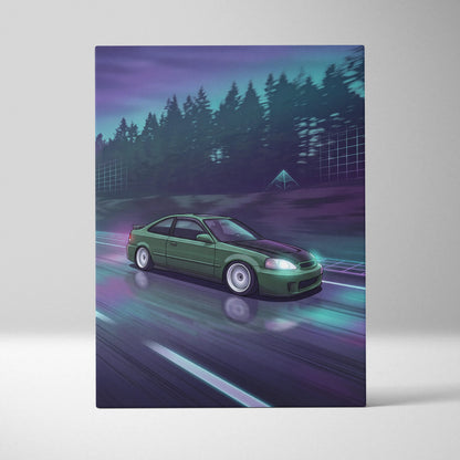 Honda Civic Inspired Vaporwave Car Canvas - Car Neon Purple Teal Living Room Vaporwave Nostalgic Mood Synthwave Wall Art Canvas Print