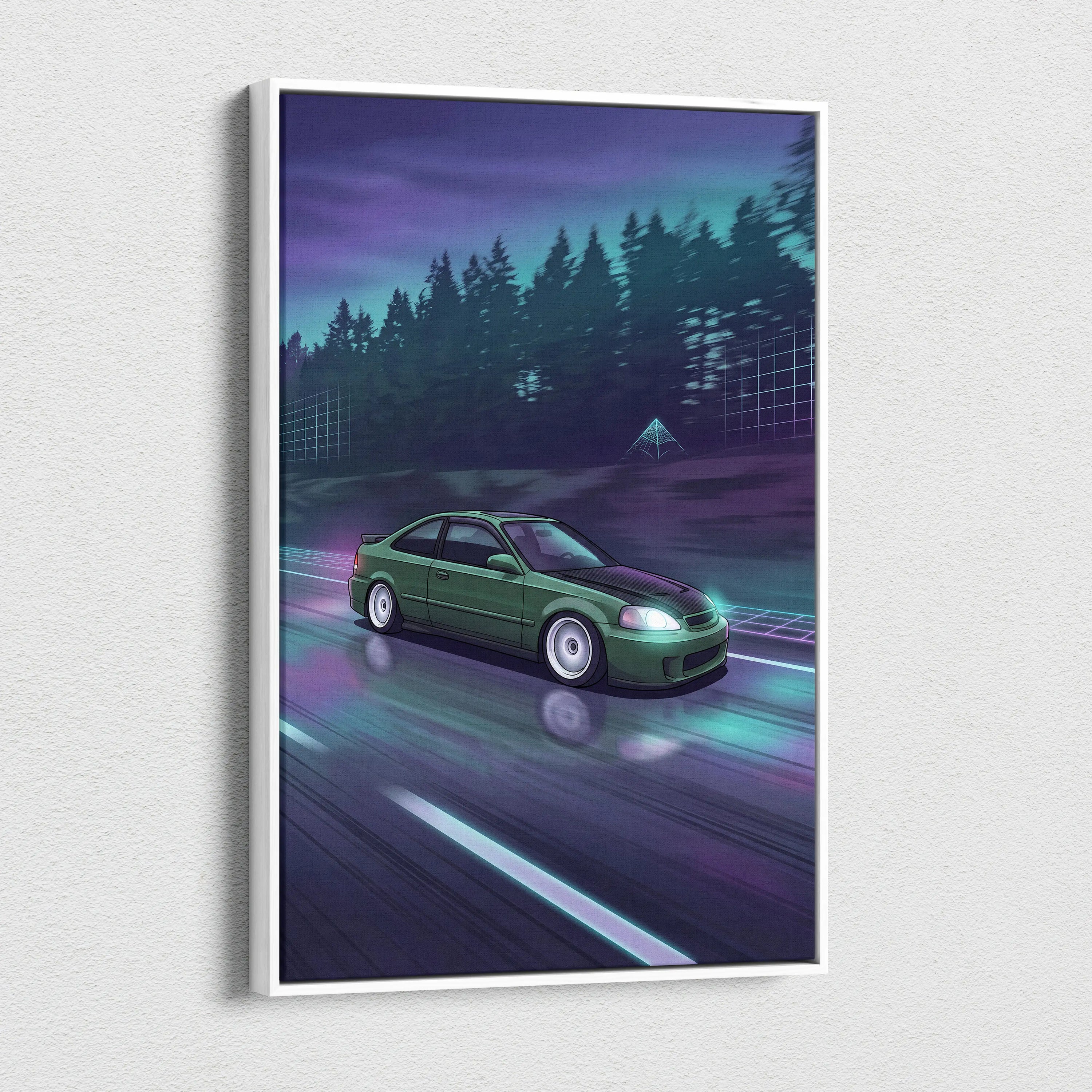 Honda Civic Inspired Vaporwave Car Canvas - Car Neon Purple Teal Living Room Vaporwave Nostalgic Mood Synthwave Wall Art Canvas Print