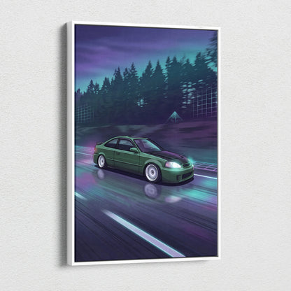 Honda Civic Inspired Vaporwave Car Canvas - Car Neon Purple Teal Living Room Vaporwave Nostalgic Mood Synthwave Wall Art Canvas Print