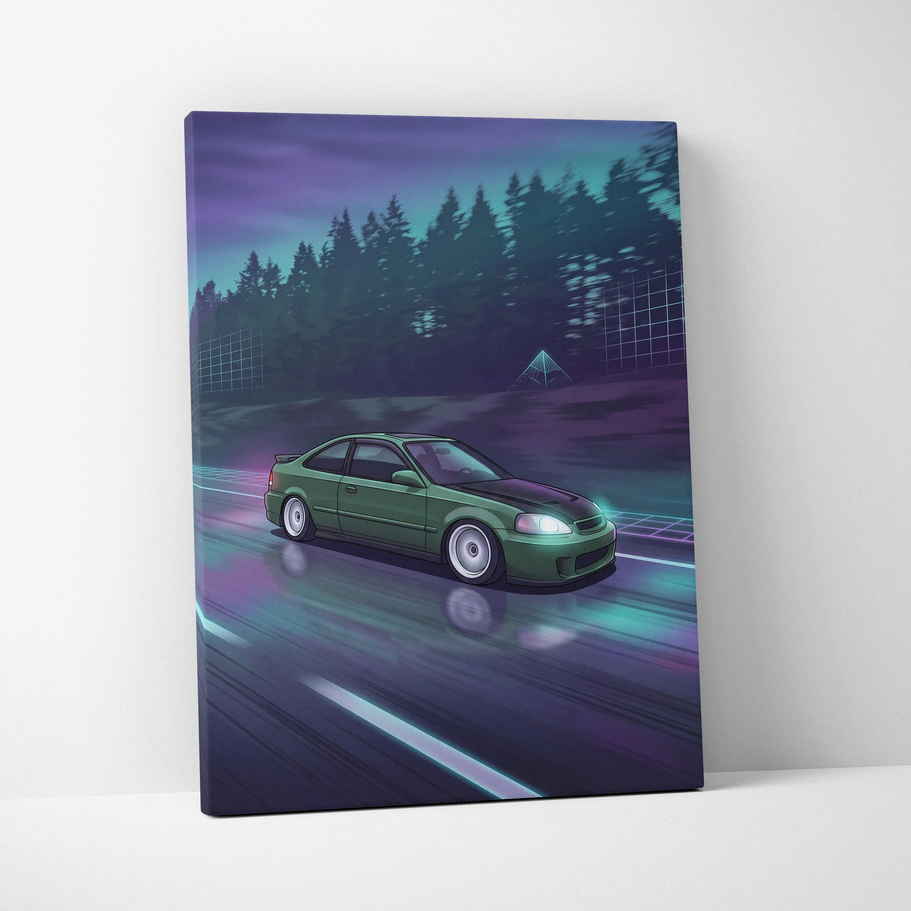Honda Civic Inspired Vaporwave Car Canvas - Car Neon Purple Teal Living Room Vaporwave Nostalgic Mood Synthwave Wall Art Canvas Print