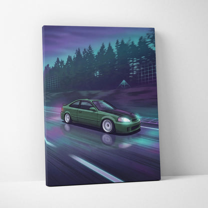 Honda Civic Inspired Vaporwave Car Canvas - Car Neon Purple Teal Living Room Vaporwave Nostalgic Mood Synthwave Wall Art Canvas Print