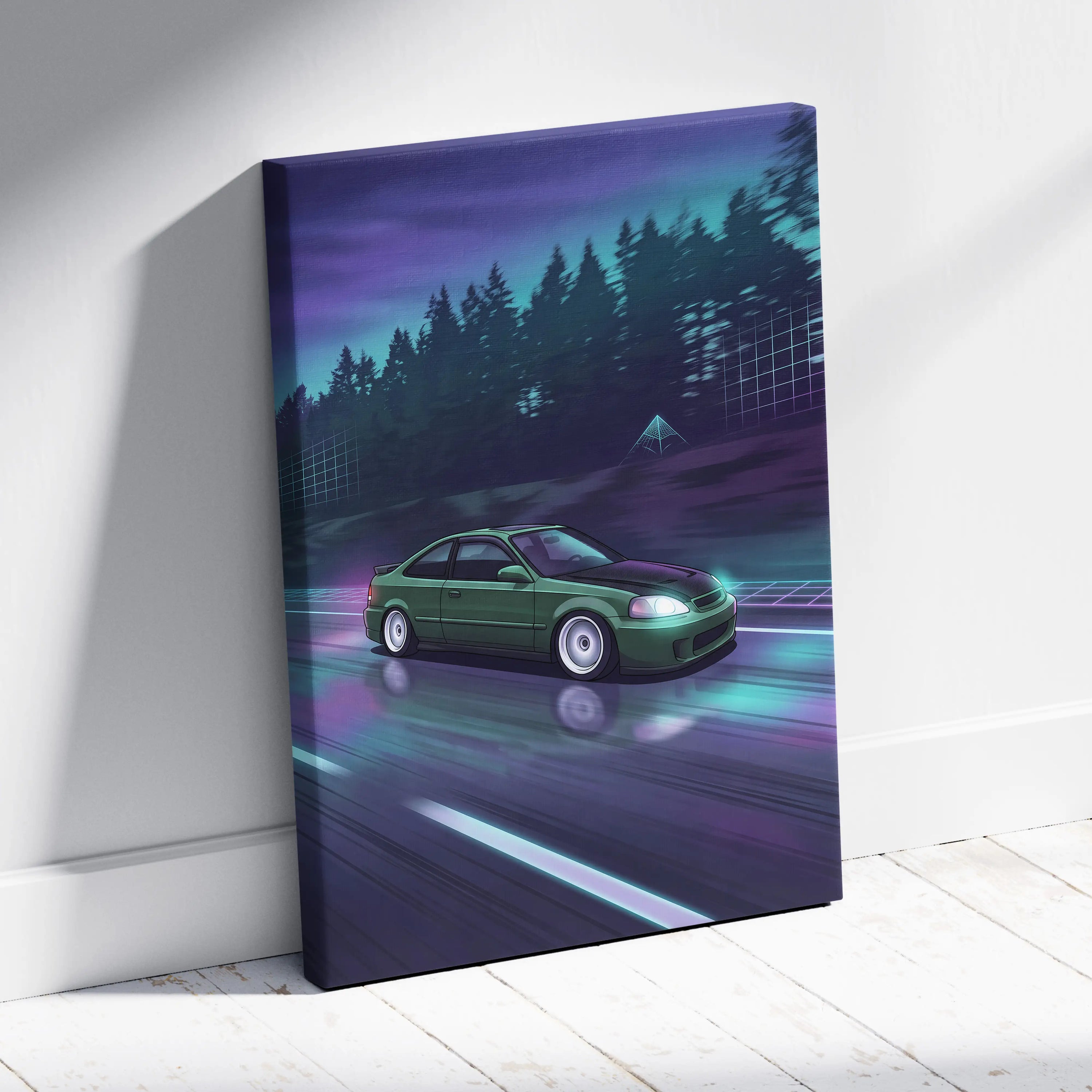 Honda Civic Inspired Vaporwave Car Canvas - Car Neon Purple Teal Living Room Vaporwave Nostalgic Mood Synthwave Wall Art Canvas Print