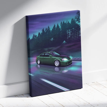 Honda Civic Inspired Vaporwave Car Canvas - Car Neon Purple Teal Living Room Vaporwave Nostalgic Mood Synthwave Wall Art Canvas Print