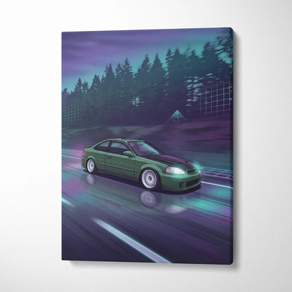 Honda Civic Inspired Vaporwave Car Canvas - Car Neon Purple Teal Living Room Vaporwave Nostalgic Mood Synthwave Wall Art Canvas Print