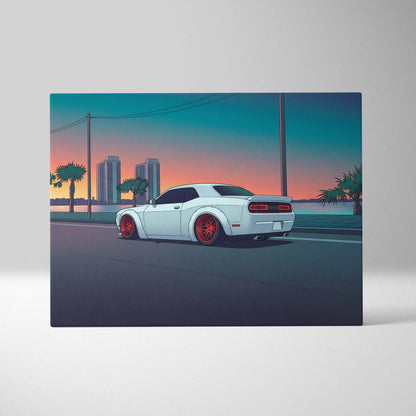 Dodge Challenger Inspired White Red Canvas Wall Art, Vaporwave Muscle Car Artwork, Neon Coastal City Decor, Retro Futuristic Garage Print