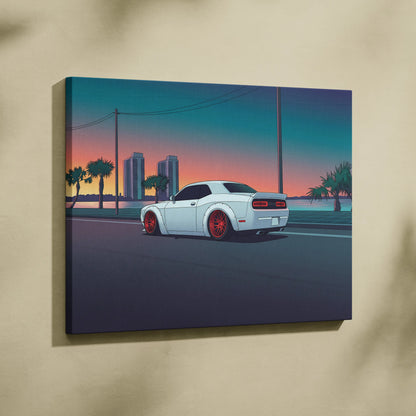 Dodge Challenger Inspired White Red Canvas Wall Art, Vaporwave Muscle Car Artwork, Neon Coastal City Decor, Retro Futuristic Garage Print