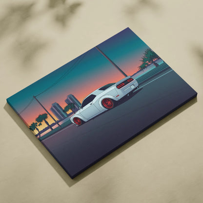 Dodge Challenger Inspired White Red Canvas Wall Art, Vaporwave Muscle Car Artwork, Neon Coastal City Decor, Retro Futuristic Garage Print