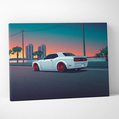 Dodge Challenger Inspired White Red Canvas Wall Art, Vaporwave Muscle Car Artwork, Neon Coastal City Decor, Retro Futuristic Garage Print