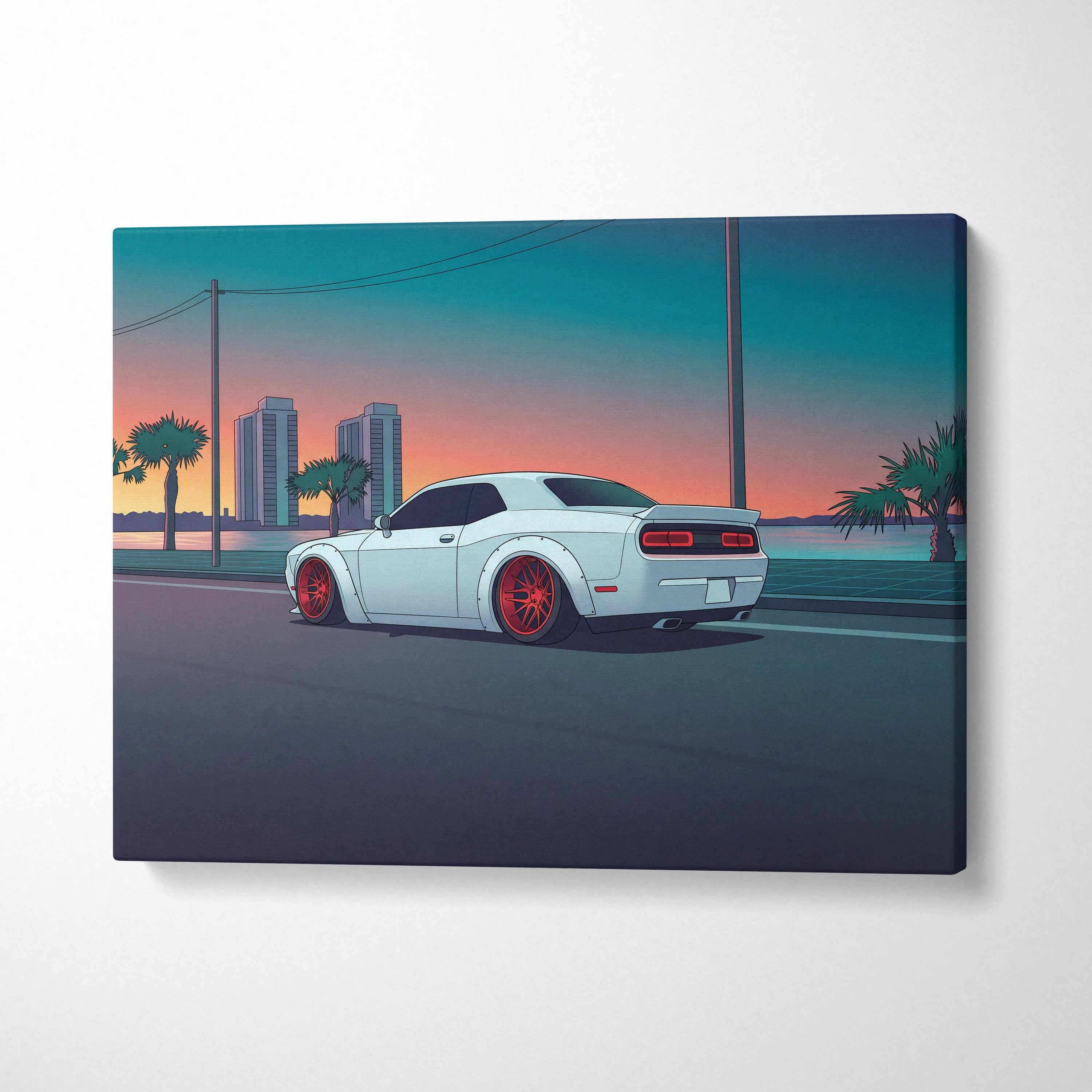 Dodge Challenger Inspired White Red Canvas Wall Art, Vaporwave Muscle Car Artwork, Neon Coastal City Decor, Retro Futuristic Garage Print