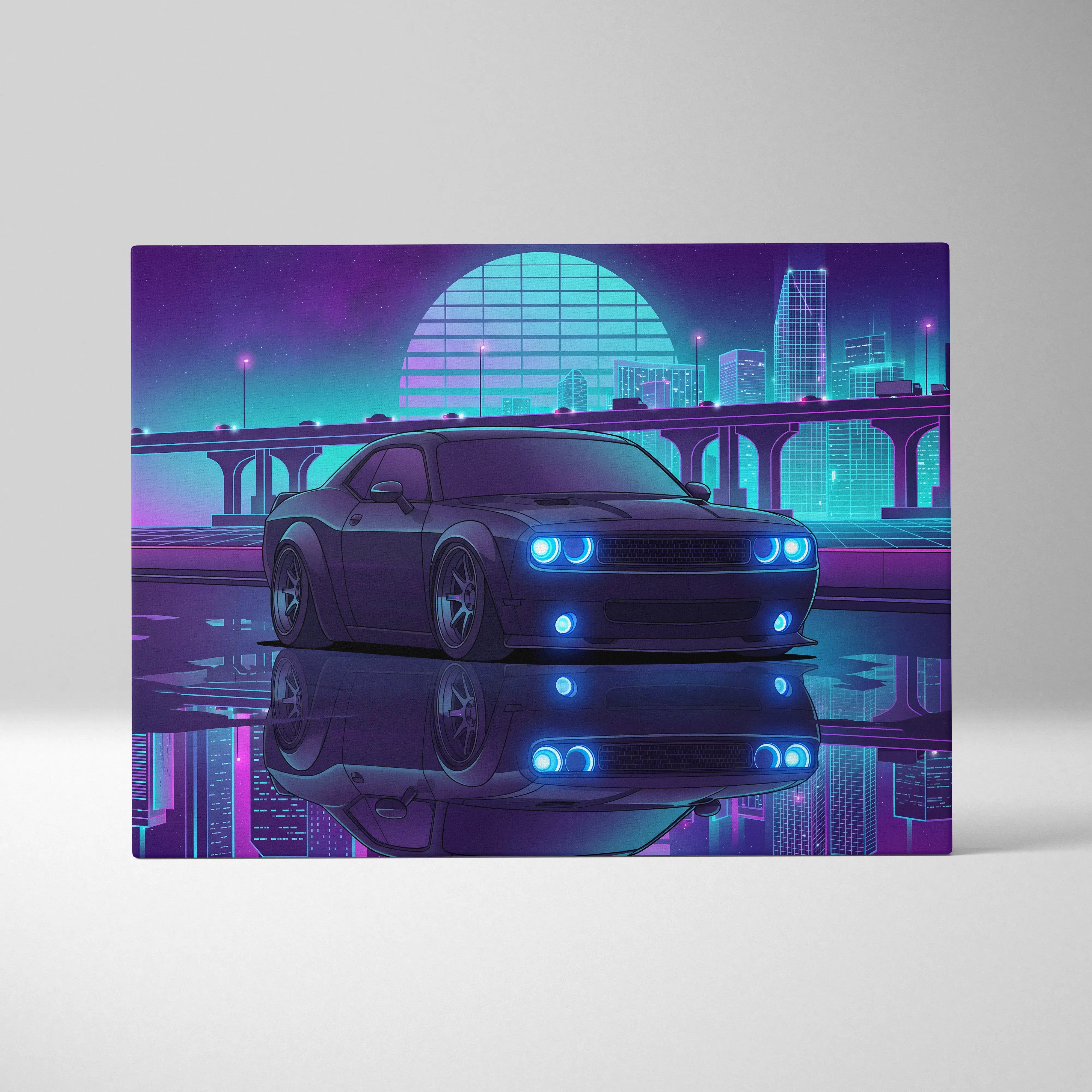 Dodge Challenger Inspired Gray Teal Canvas Wall Art, Vaporwave Muscle Car Artwork, Neon City Garage Decor, Retro Futuristic Auto Print