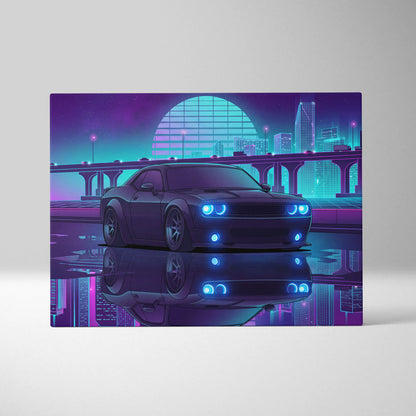 Dodge Challenger Inspired Gray Teal Canvas Wall Art, Vaporwave Muscle Car Artwork, Neon City Garage Decor, Retro Futuristic Auto Print
