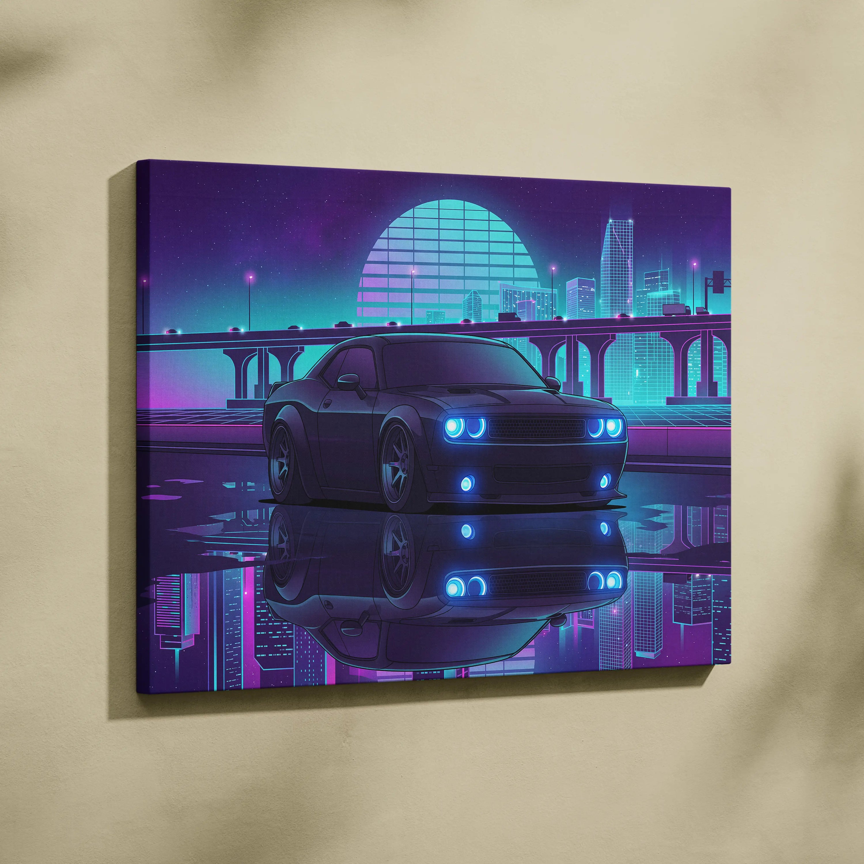 Dodge Challenger Inspired Gray Teal Canvas Wall Art, Vaporwave Muscle Car Artwork, Neon City Garage Decor, Retro Futuristic Auto Print