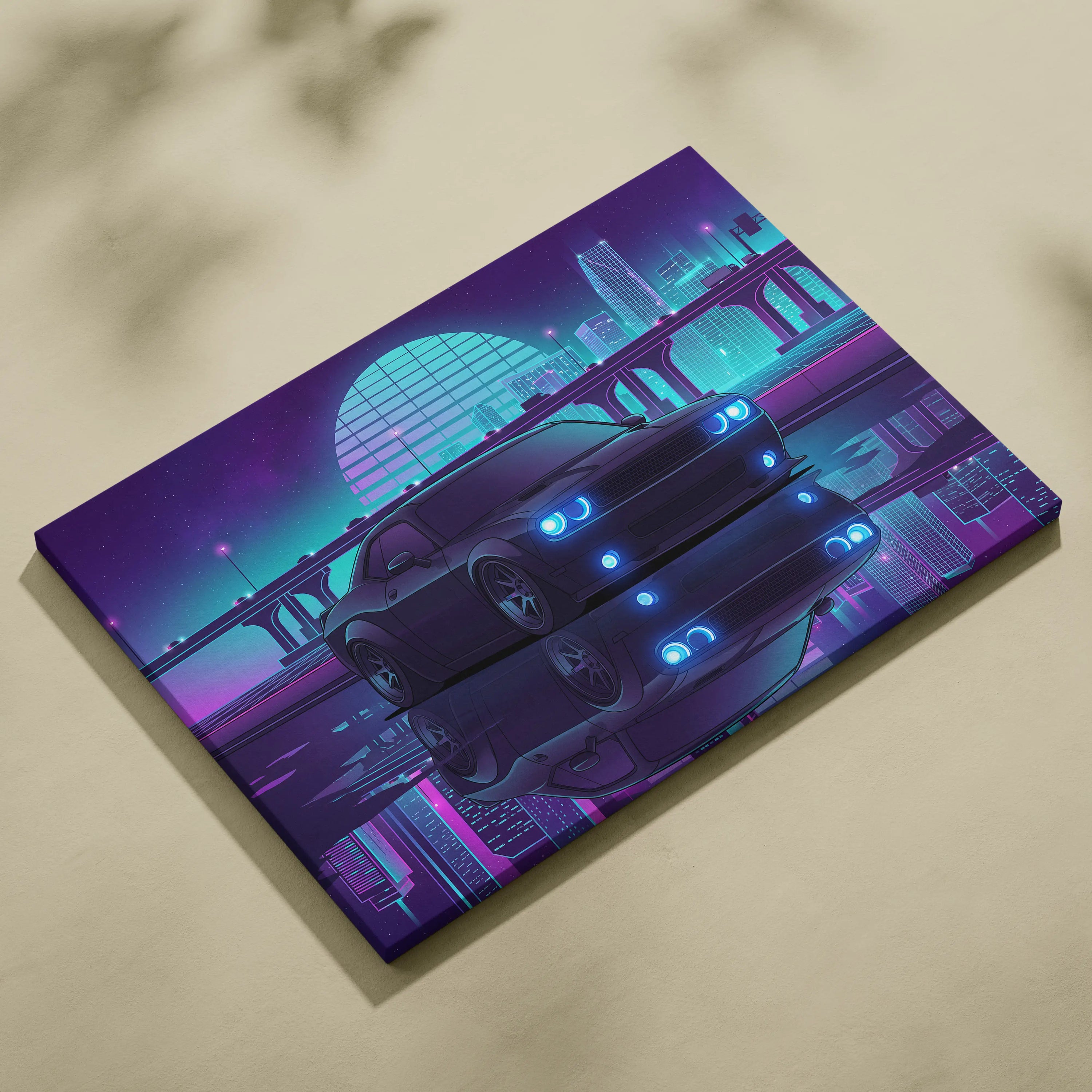 Dodge Challenger Inspired Gray Teal Canvas Wall Art, Vaporwave Muscle Car Artwork, Neon City Garage Decor, Retro Futuristic Auto Print