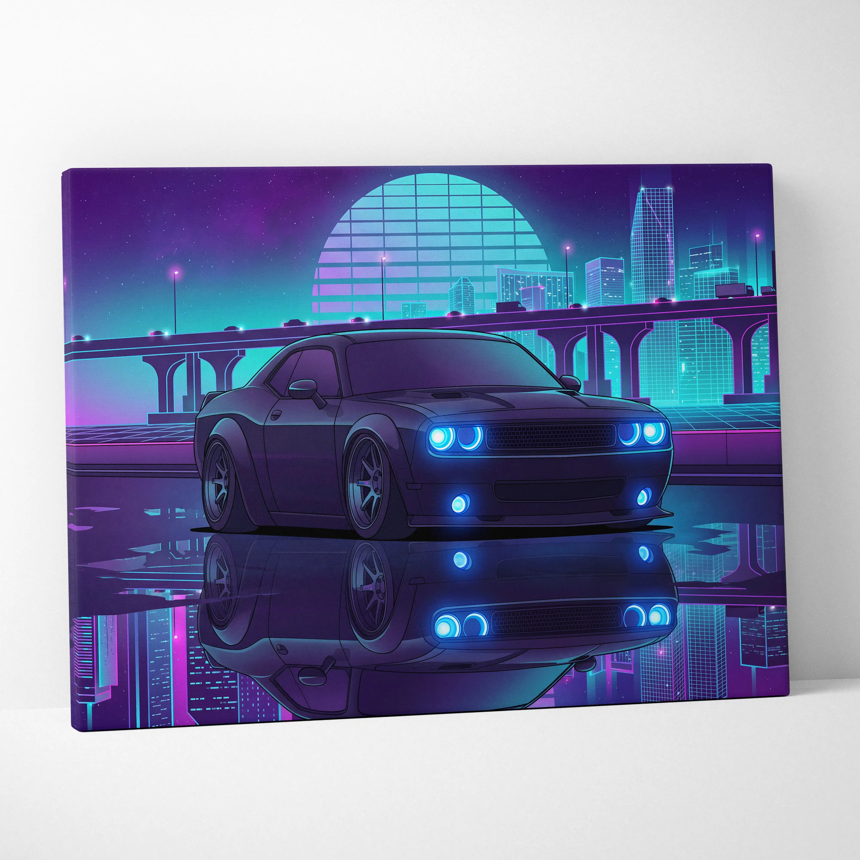 Dodge Challenger Inspired Gray Teal Canvas Wall Art, Vaporwave Muscle Car Artwork, Neon City Garage Decor, Retro Futuristic Auto Print