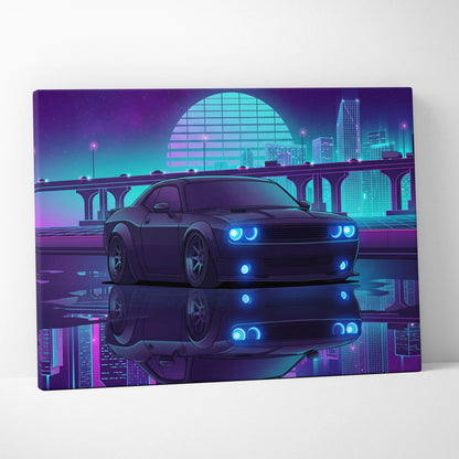 Dodge Challenger Inspired Gray Teal Canvas Wall Art, Vaporwave Muscle Car Artwork, Neon City Garage Decor, Retro Futuristic Auto Print