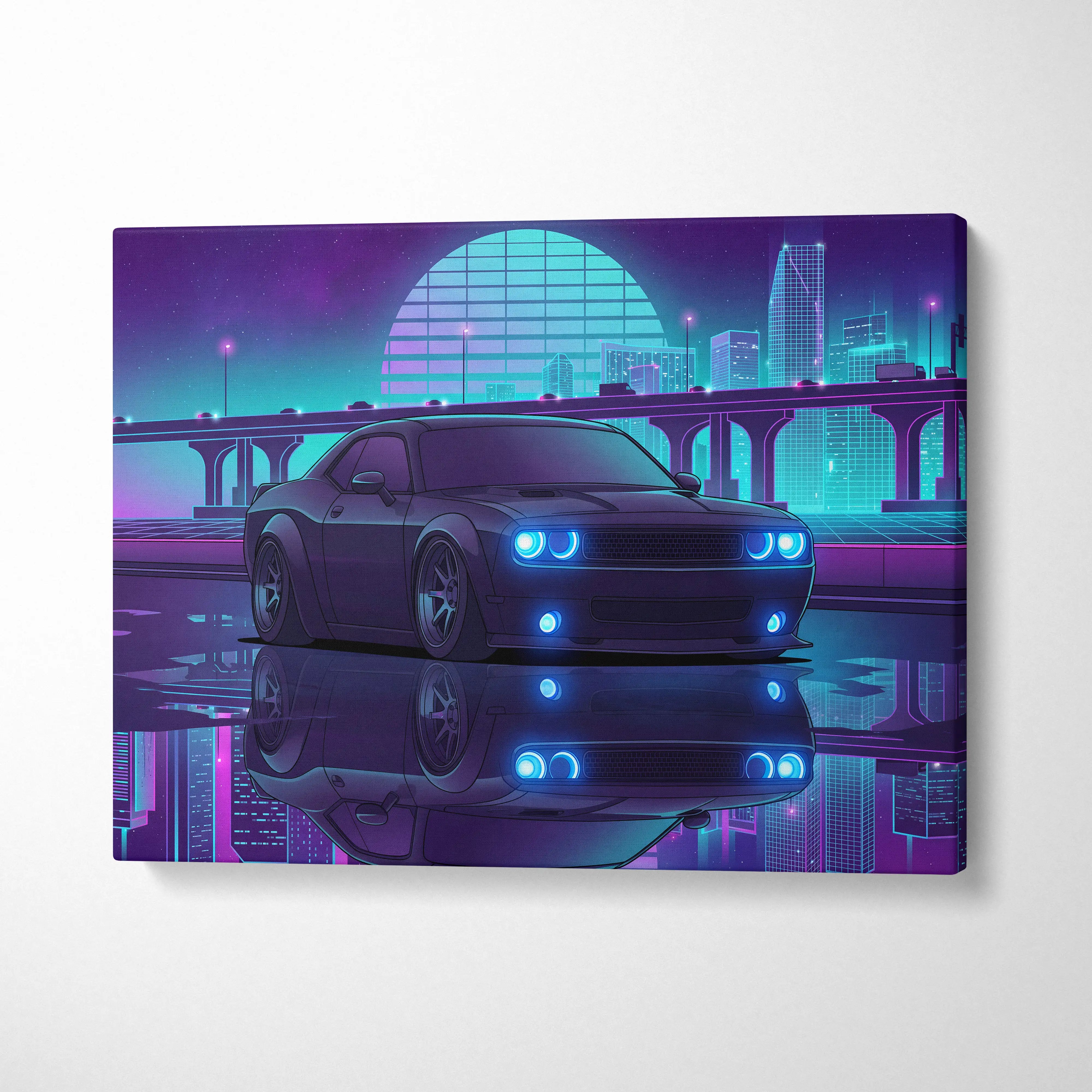 Dodge Challenger Inspired Gray Teal Canvas Wall Art, Vaporwave Muscle Car Artwork, Neon City Garage Decor, Retro Futuristic Auto Print