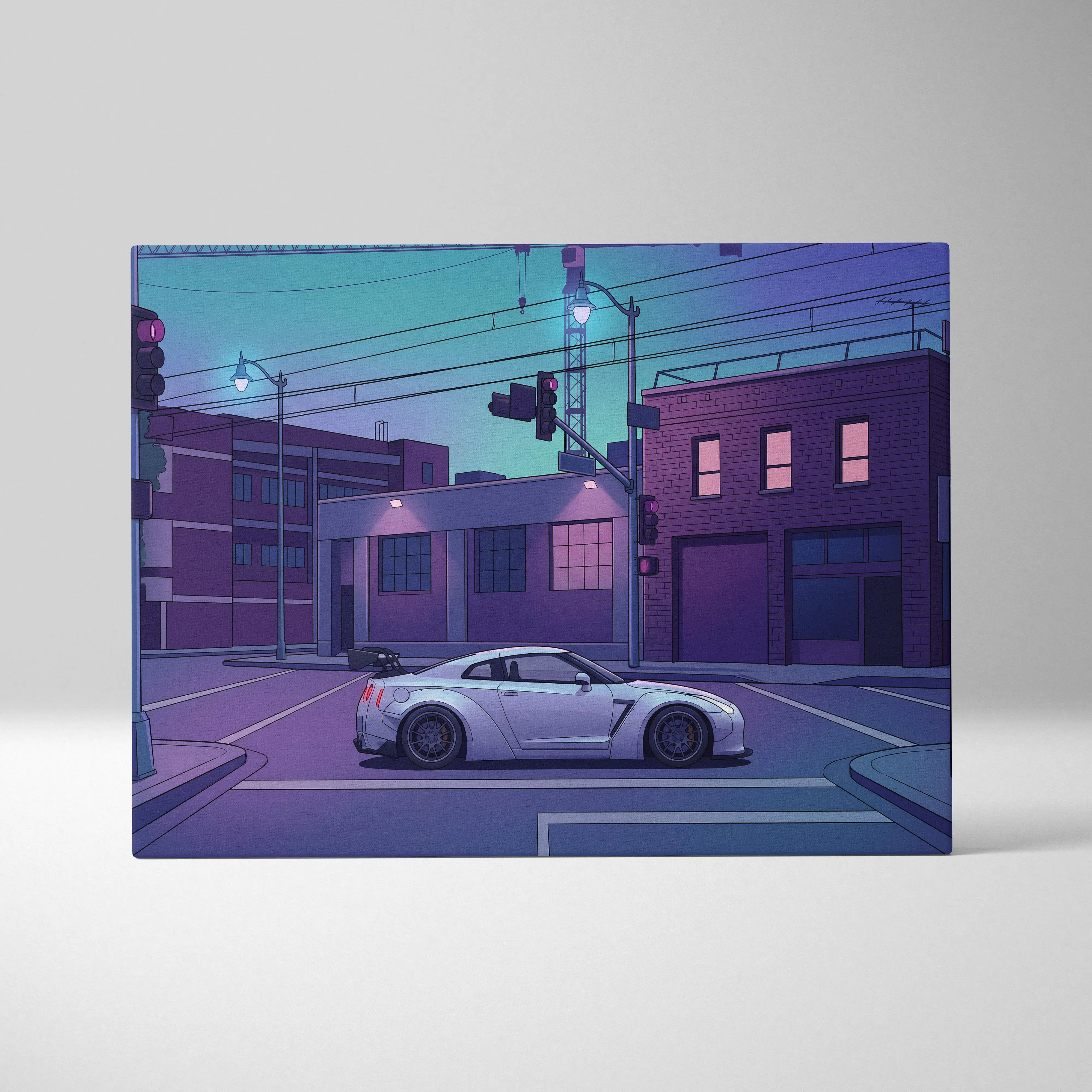 Nissan GT-R R35 Inspired Silver Purple Canvas Wall Art, Vaporwave JDM Supercar Artwork, Neon City Garage Decor, Retro Futuristic Print