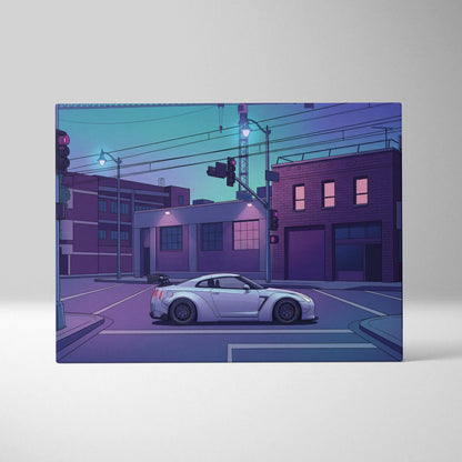 Nissan GT-R R35 Inspired Silver Purple Canvas Wall Art, Vaporwave JDM Supercar Artwork, Neon City Garage Decor, Retro Futuristic Print