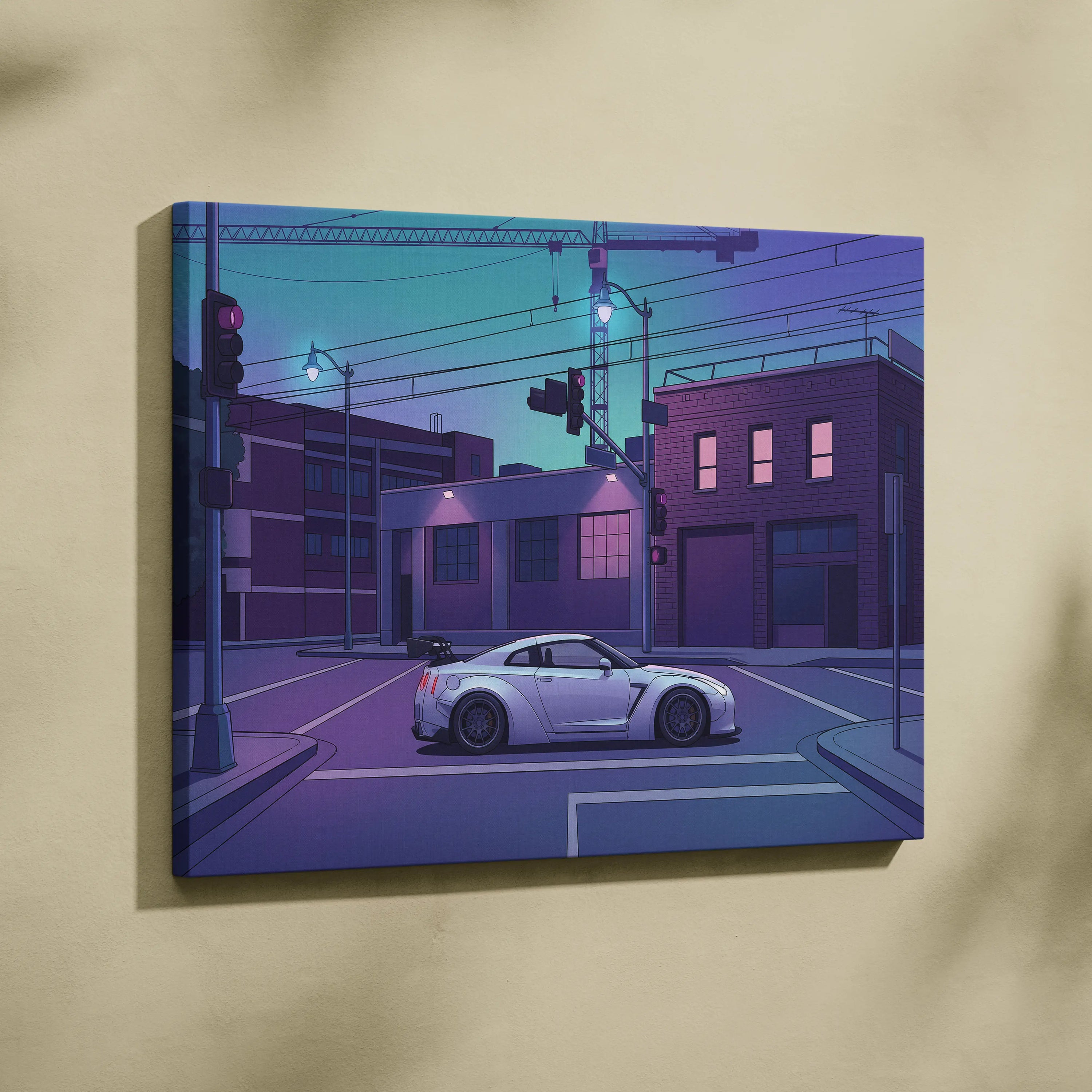 Nissan GT-R R35 Inspired Silver Purple Canvas Wall Art, Vaporwave JDM Supercar Artwork, Neon City Garage Decor, Retro Futuristic Print