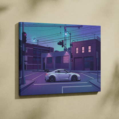 Nissan GT-R R35 Inspired Silver Purple Canvas Wall Art, Vaporwave JDM Supercar Artwork, Neon City Garage Decor, Retro Futuristic Print
