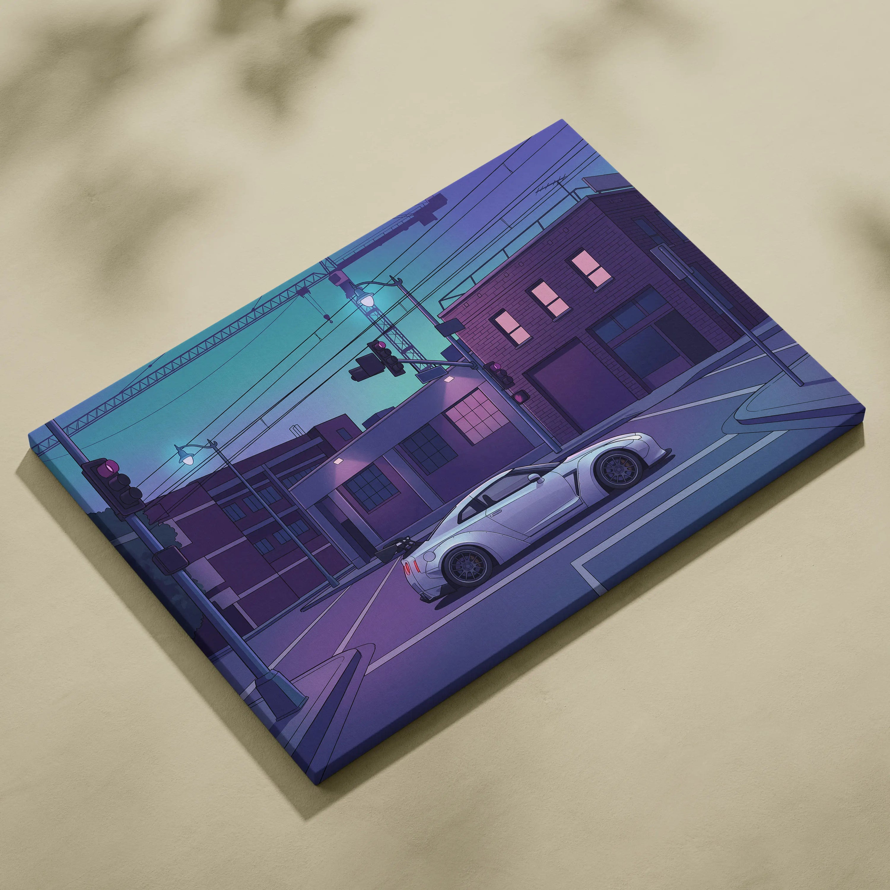 Nissan GT-R R35 Inspired Silver Purple Canvas Wall Art, Vaporwave JDM Supercar Artwork, Neon City Garage Decor, Retro Futuristic Print