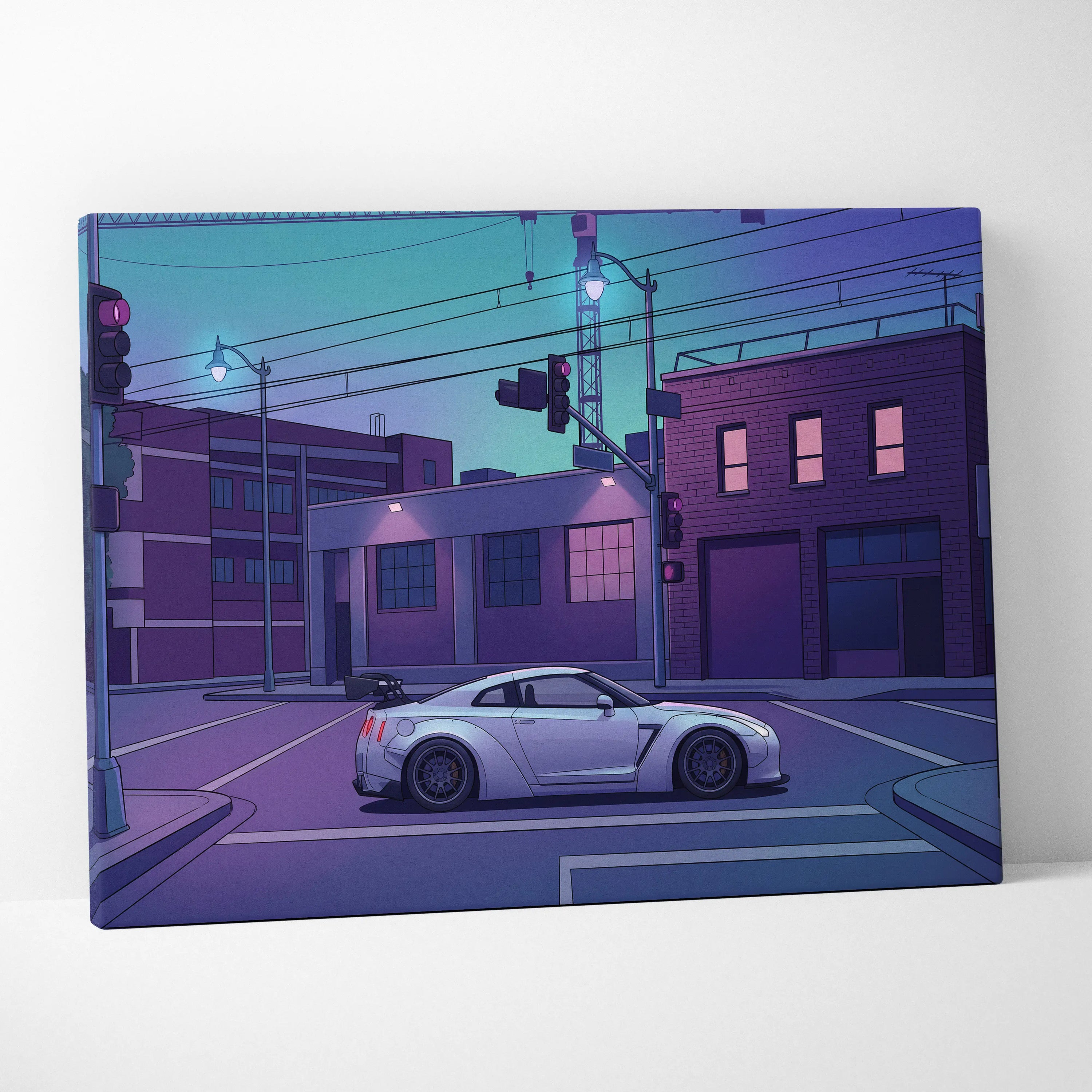 Nissan GT-R R35 Inspired Silver Purple Canvas Wall Art, Vaporwave JDM Supercar Artwork, Neon City Garage Decor, Retro Futuristic Print
