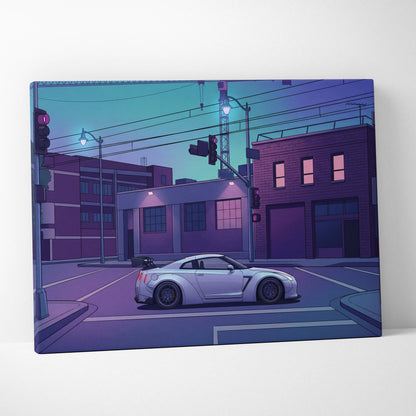 Nissan GT-R R35 Inspired Silver Purple Canvas Wall Art, Vaporwave JDM Supercar Artwork, Neon City Garage Decor, Retro Futuristic Print